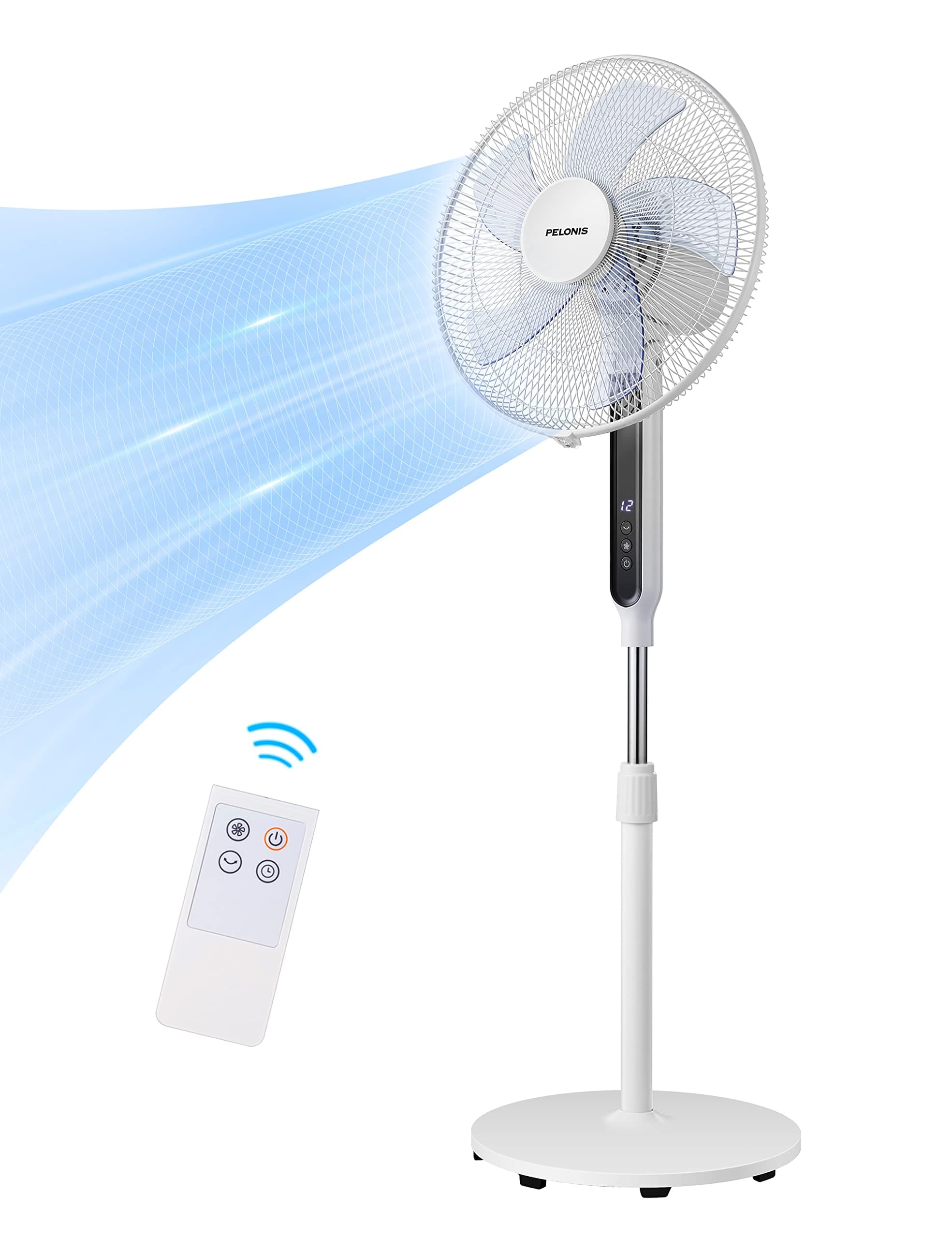 PELONIS 16" Oscillating Pedestal Stand Up Fan | Adjustable Height | Ultra Quiet DC Motor | Remote Control | 12 Speed | 12-Hour Timer | High Energy Efficiency | for Bedroom Home Office Use | White