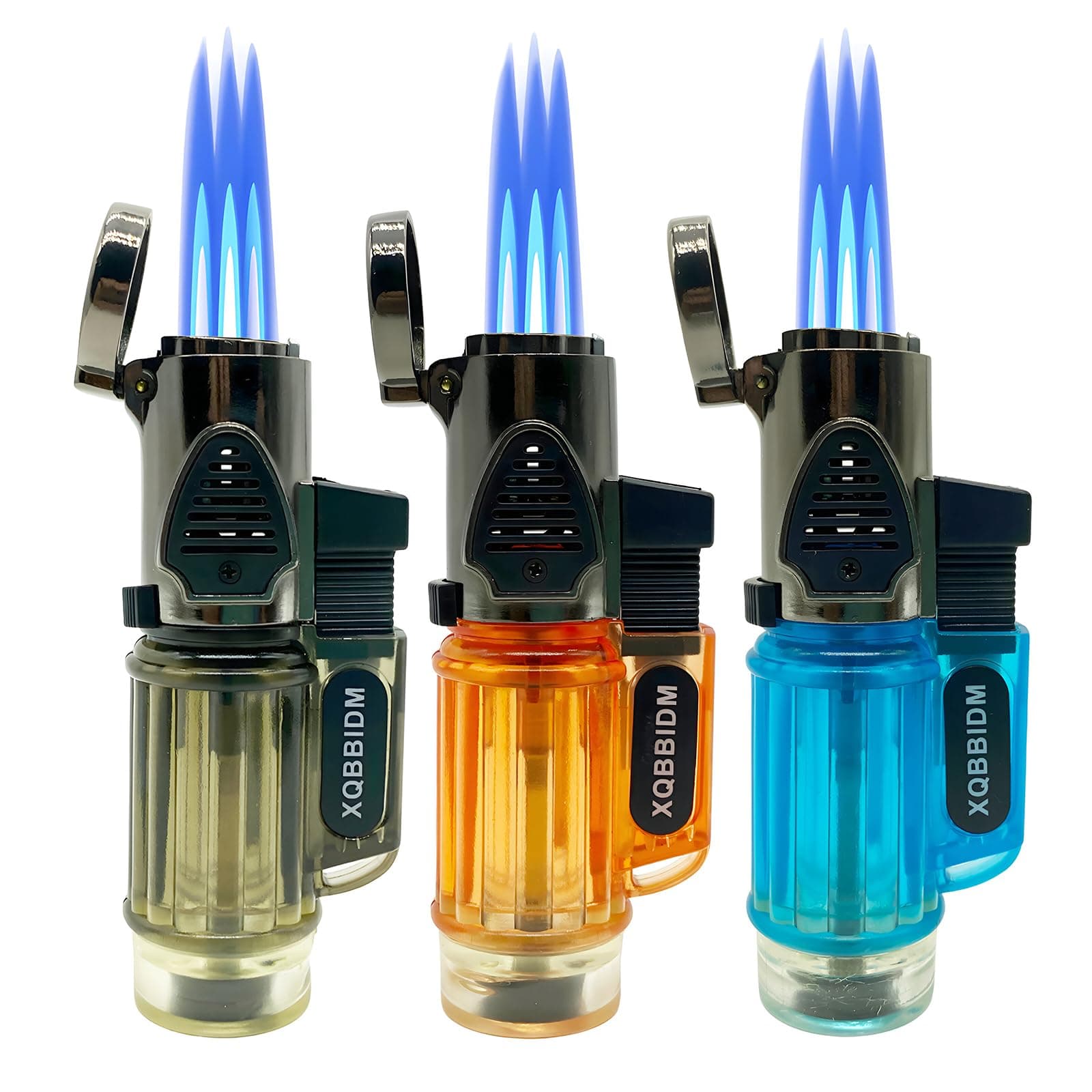 Torch Lighter, 3 Pack Jet Triple Flame Butane Lighters, Adjustable Windproof Flame Lighter with Transparent Fuel Window & Flame Fixed Lock, Portable Torch Lighters for Candle Camping (Without Butane)
