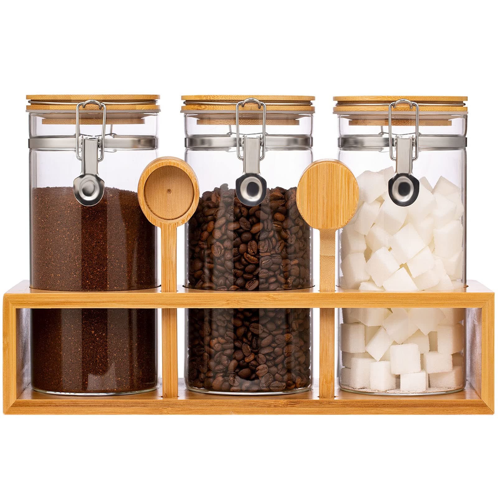 Yangbaga Glass Coffee Sugar Containers with Shelf, 3 x 45 OZ Coffee Bean Storage Station Organizer with Airtight Locking Clamp and Coffee Bamboo Scoop, Large Capacity Food Storage Jar for Kitchen