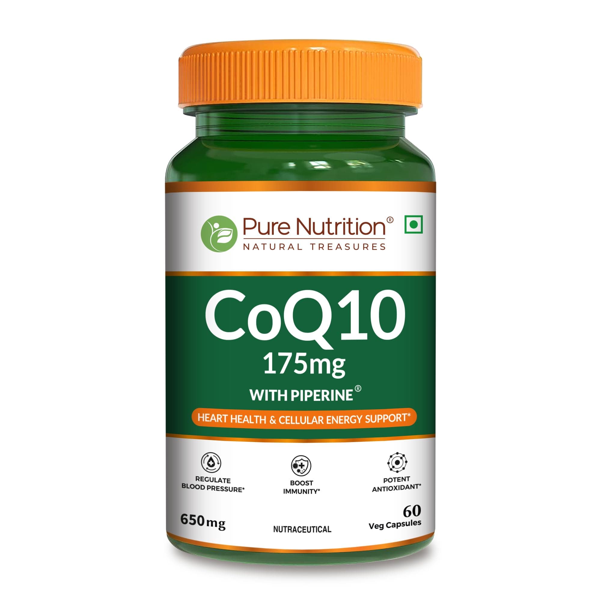 Pure Nutrition Bio Coenzyme Q10 175mg 60 Veg Capsules, High Absorption CoQ10 Supplement with Bioperine® & Arjuna Extract for Heart & Brain Health, Boosts Cellular Energy