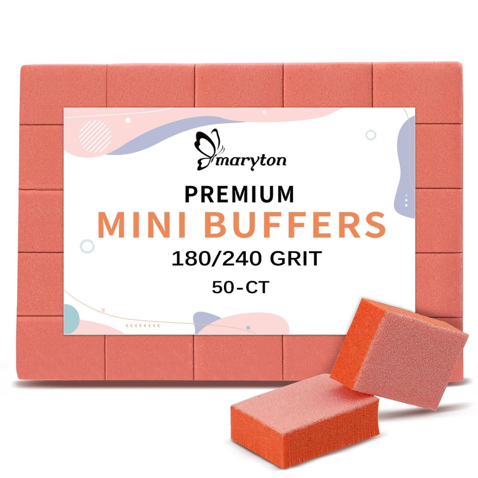 Maryton Mini Nail Buffer Blocks - 180/240 Grit Professional Salon Quality Orange Buffers for Nails - Buff Nails Prior to Application of Gel Polish, Acrylic, 50 Count
