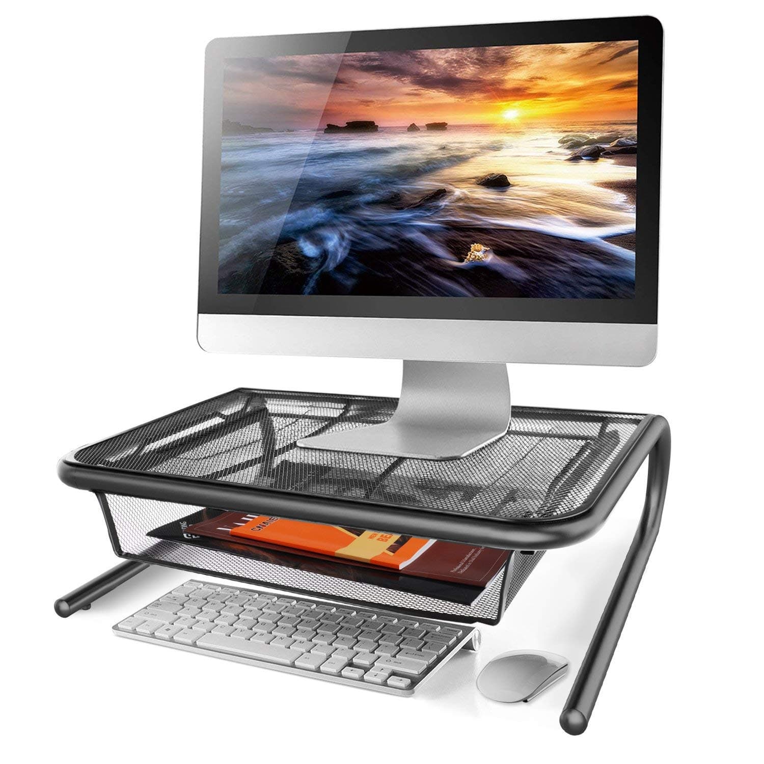 Metal Mesh Monitor Desk Stand Riser Printer Stand Holder with Drawer Organizer for Computer Laptop I Mac Desk - Black