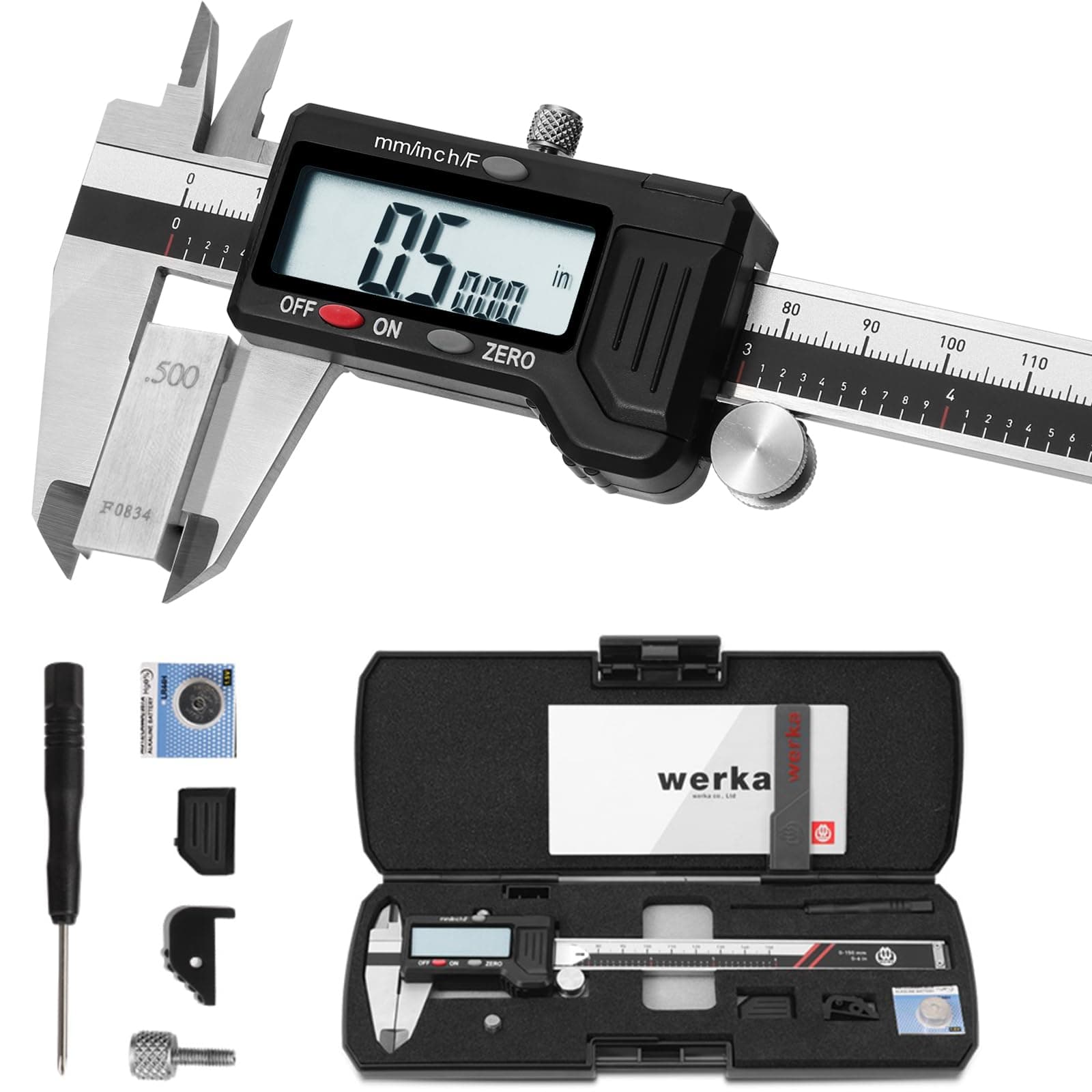 werka Digital Caliper, 0-6” Calipers Measuring Tool, Auto-Off Micrometer Caliper with 0.001”High-Accuracy,Inch/Fraction/Millimeter Conversions Button,4 Measuring Ways, Stainless Steel Construction