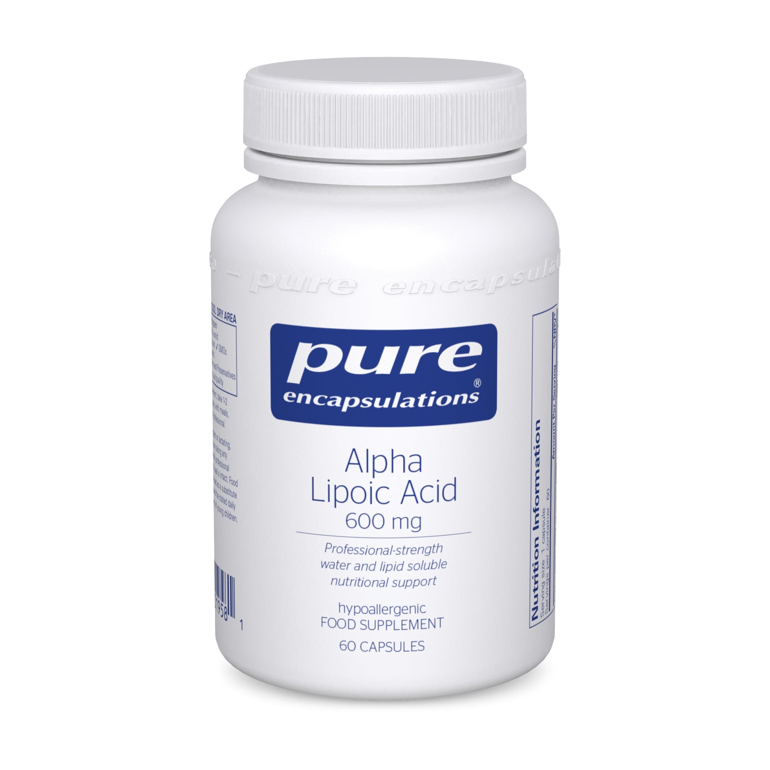Pure Encapsulations - Alpha Lipoic Acid ALA 600mg - Hypoallergenic Water and Lipid Soluble Nutritional Supplement - 60 Vegetarian Capsules