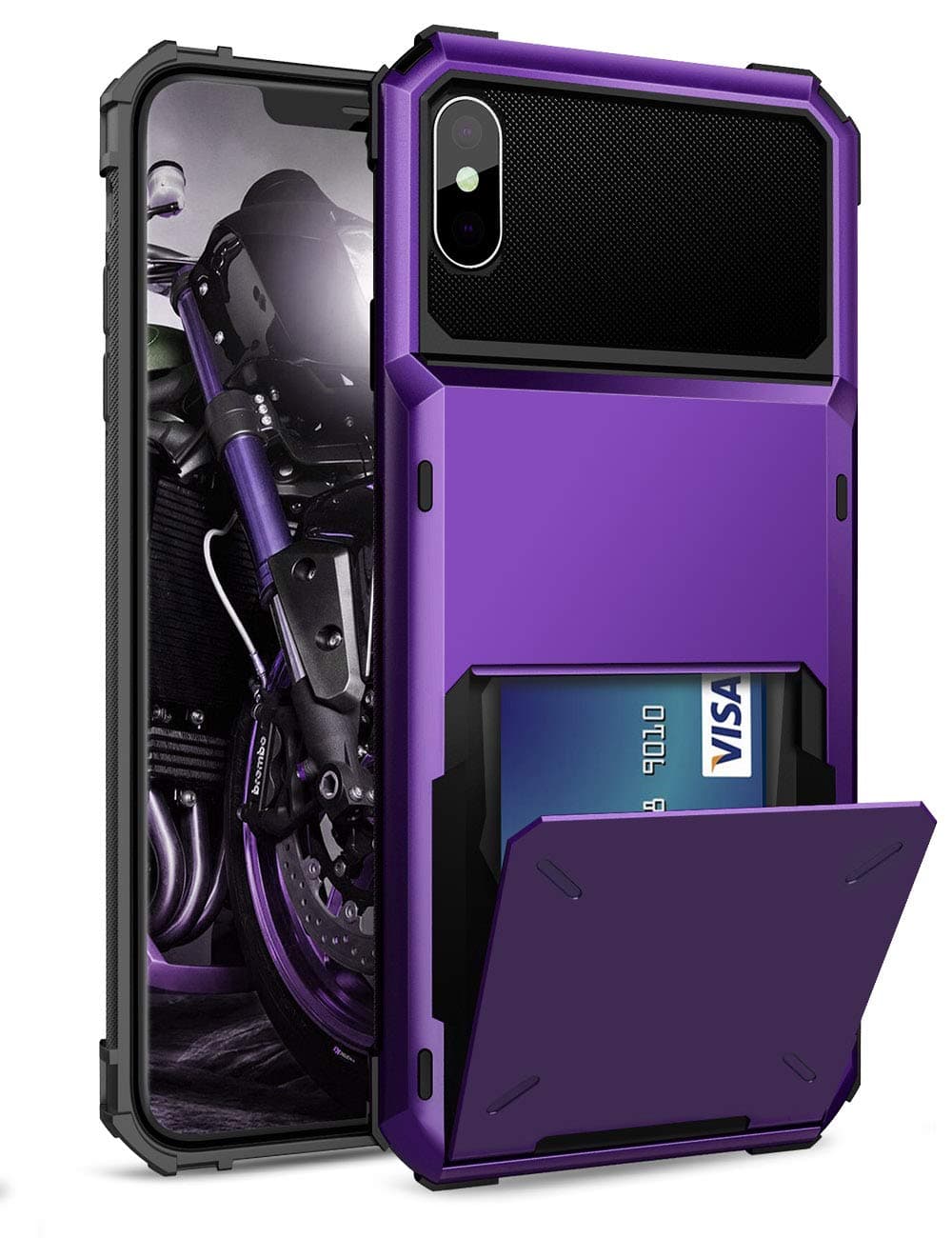 ELOVEN Case for iPhone X Case, iPhone Xs Case Wallet with Card Holder Credit Card ID Hidden Slot Shock Absorption Duty Drop Protective Bumper Rugged TPU Cover for iPhone X XS, Purple