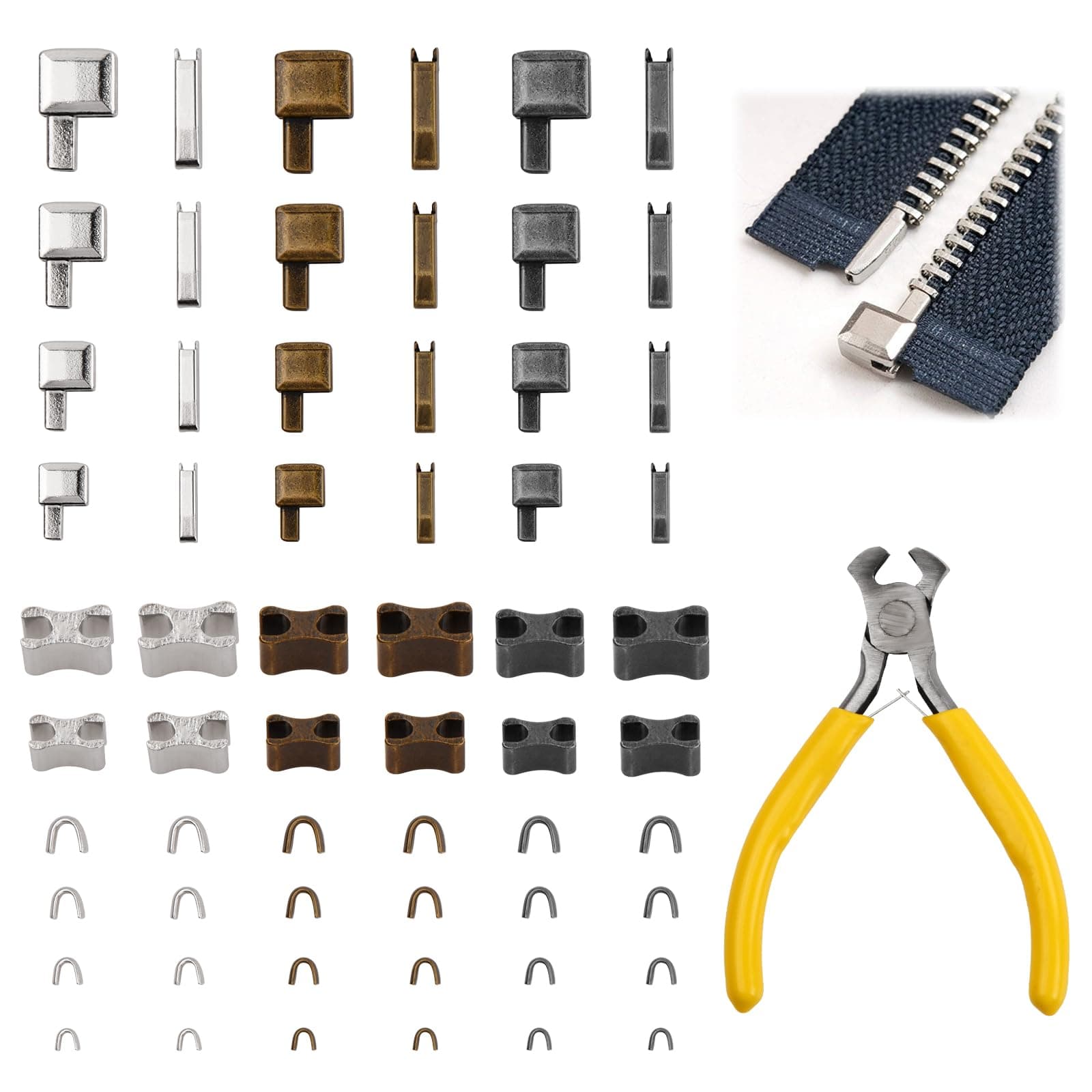 Zsanhua 60 Pieces Zipper Stopper Repair Kit Top Stop Bottom Stop Zipper with 1 Pieces Zipper Install Pliers Tool Metal Zipper Head Slider Retainer Insertion Pin Silver, Black, Bronze
