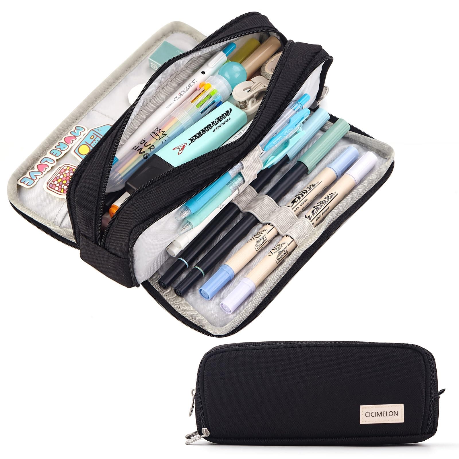 CICIMELON Metal Large Capacity Pencil Case 3 Compartment Pouch Pen Bag For School Teen Girl Boy Men Women (Black), Black, Travel