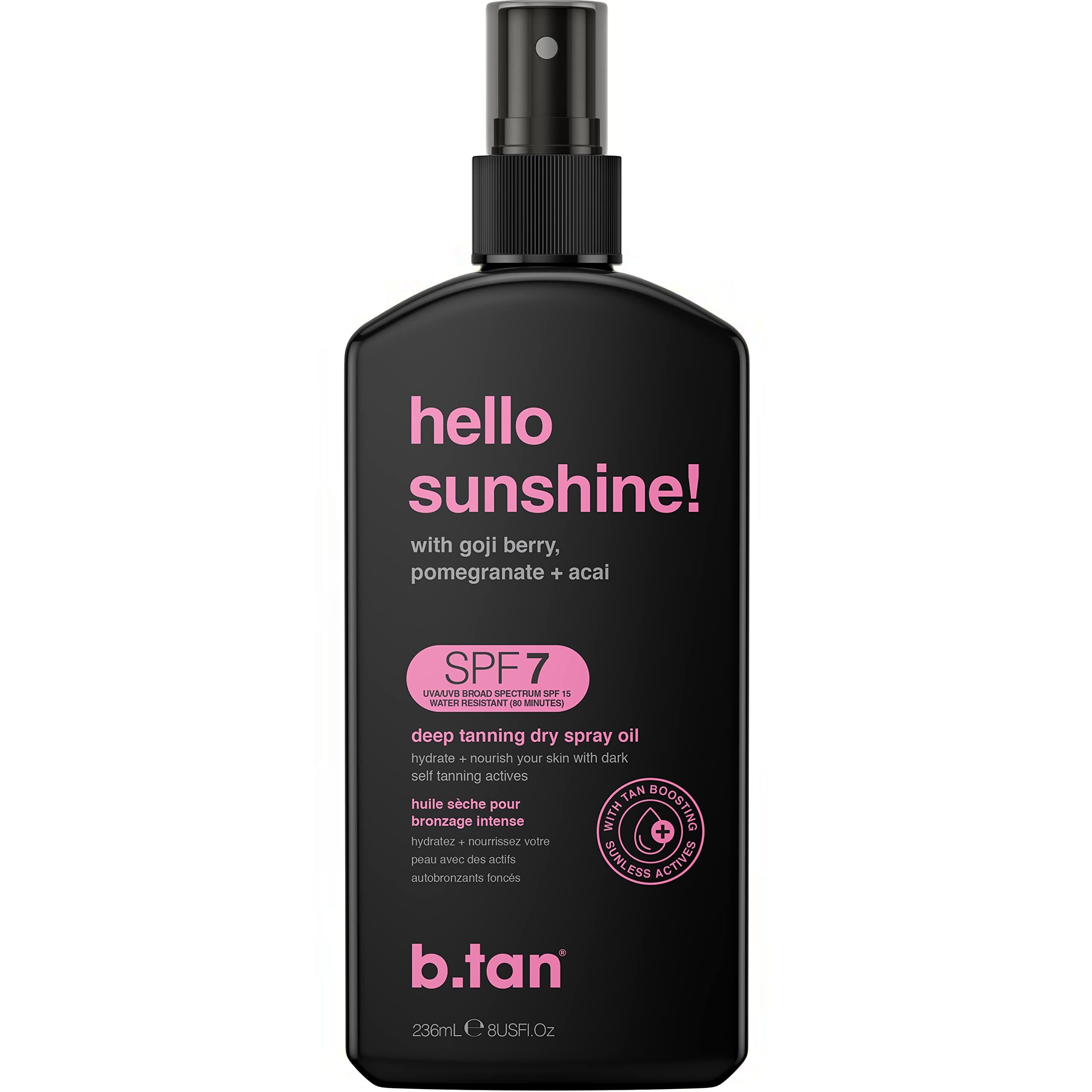 SPF 7 Tanning Oil | Hello Sunshine - Deep Suntan Dry Spray, Best Outdoor Browning Body Mist, Packed with Moisturizing Goji Berry, Pomegranate + Açai, Austrailian Brand, 8 Fl Oz