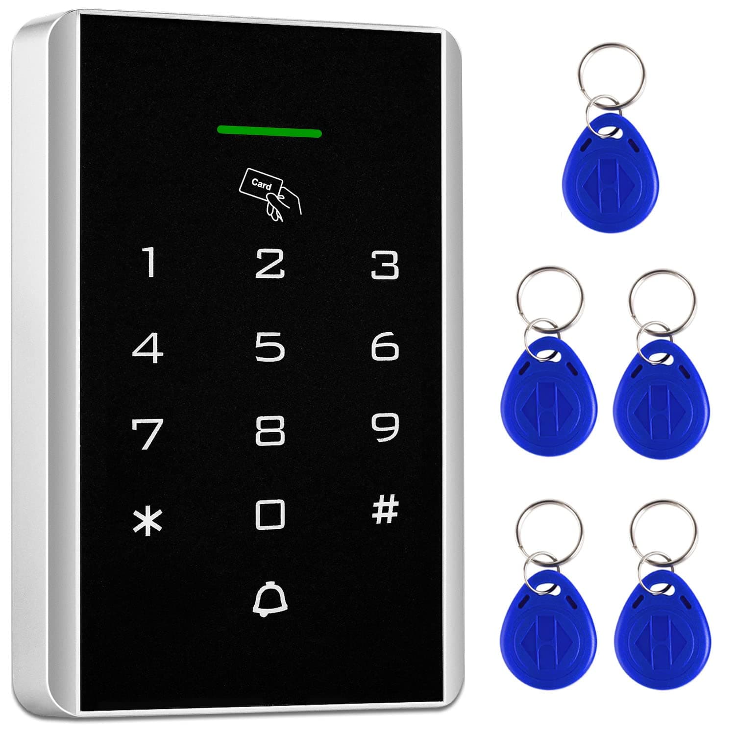 Door Access Control Keypad, 125KHz Proximity ID Card Access Control System, Support 1000 Users Door Access Control, Stand-Alone Keypad + 5PCS Keychains for Entry Access Controller Gate Opener