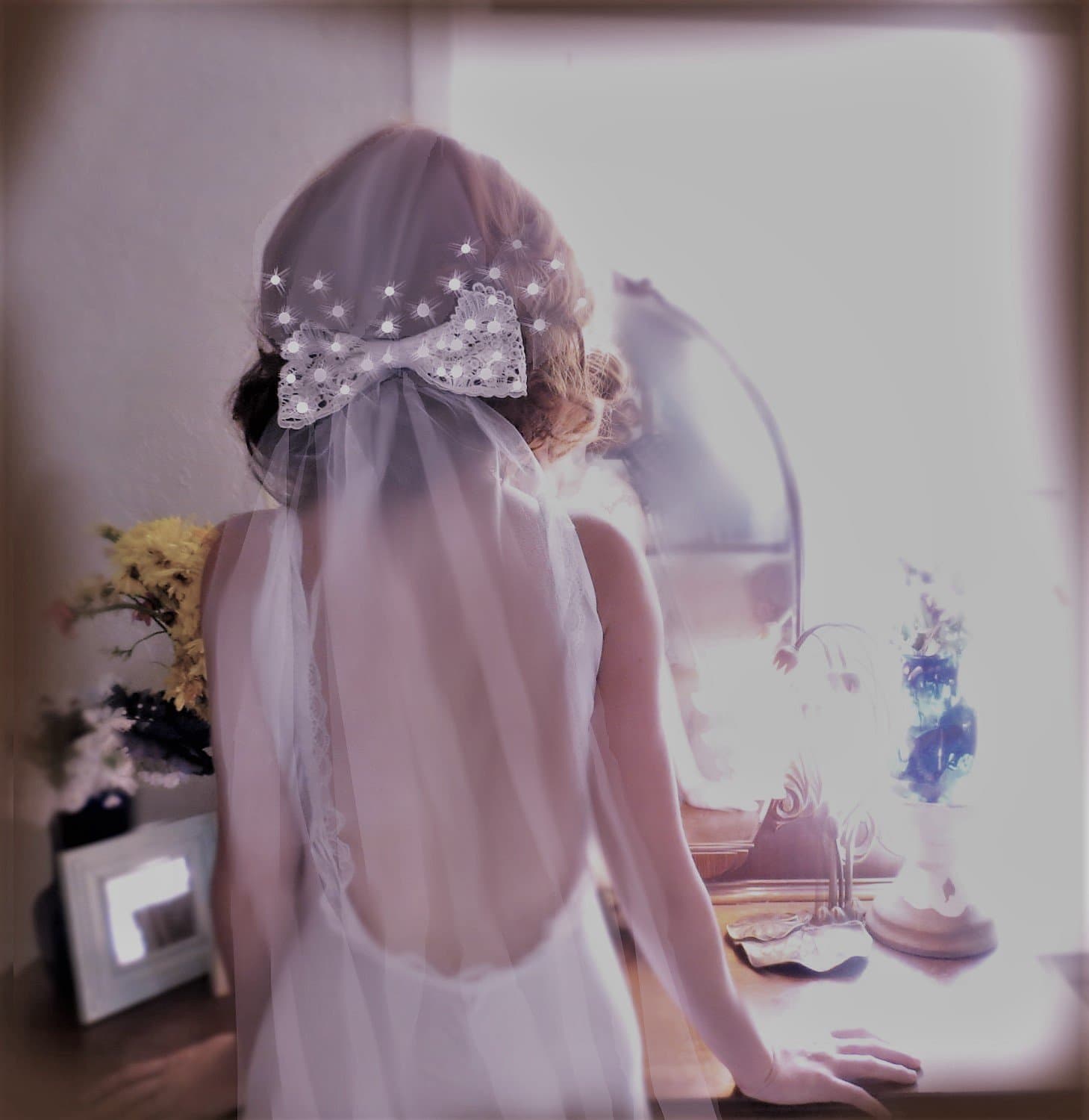 Crystal Lace Bow Veil - Juliet Cap Cathedral Length - cut edge wedding Bridal