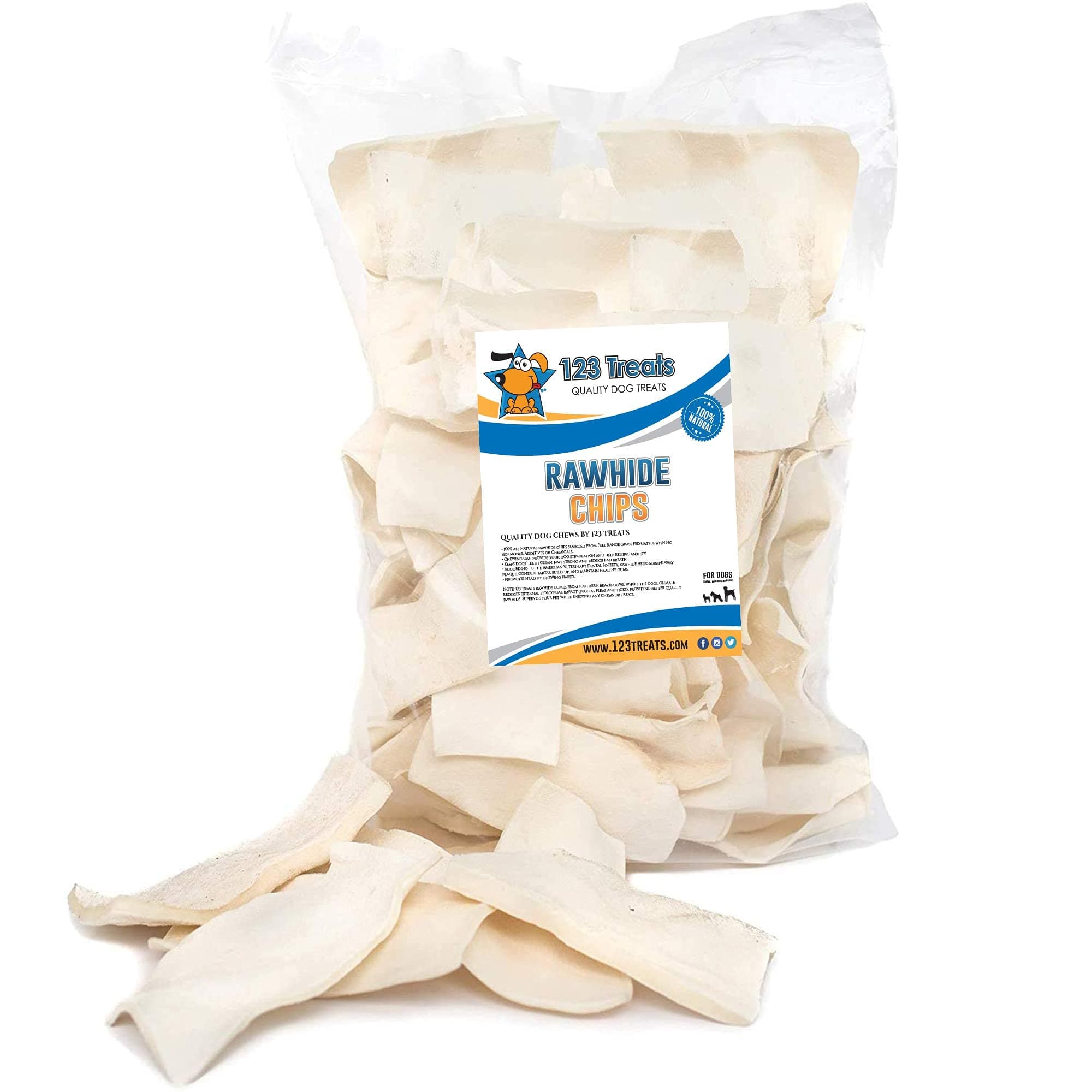123 Treats Rawhide Chips, Premium Dog Chews from Natural Grass Fed Livestock with No Hormones, Additives or Chemicals, Tasty Long Lasting for Dogs, Improve Oral Health, 2 Lbs