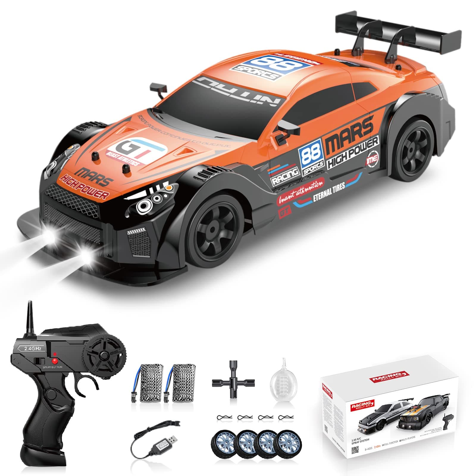 RC Drift Car 2.4GHz 1:16 Scale 4WD High Speed Remote Control Cars Vehicle with LED Lights Two Batteries and Drifting Tires Racing Sport Toy Cars for Adults Boys Girls Kids, Orange