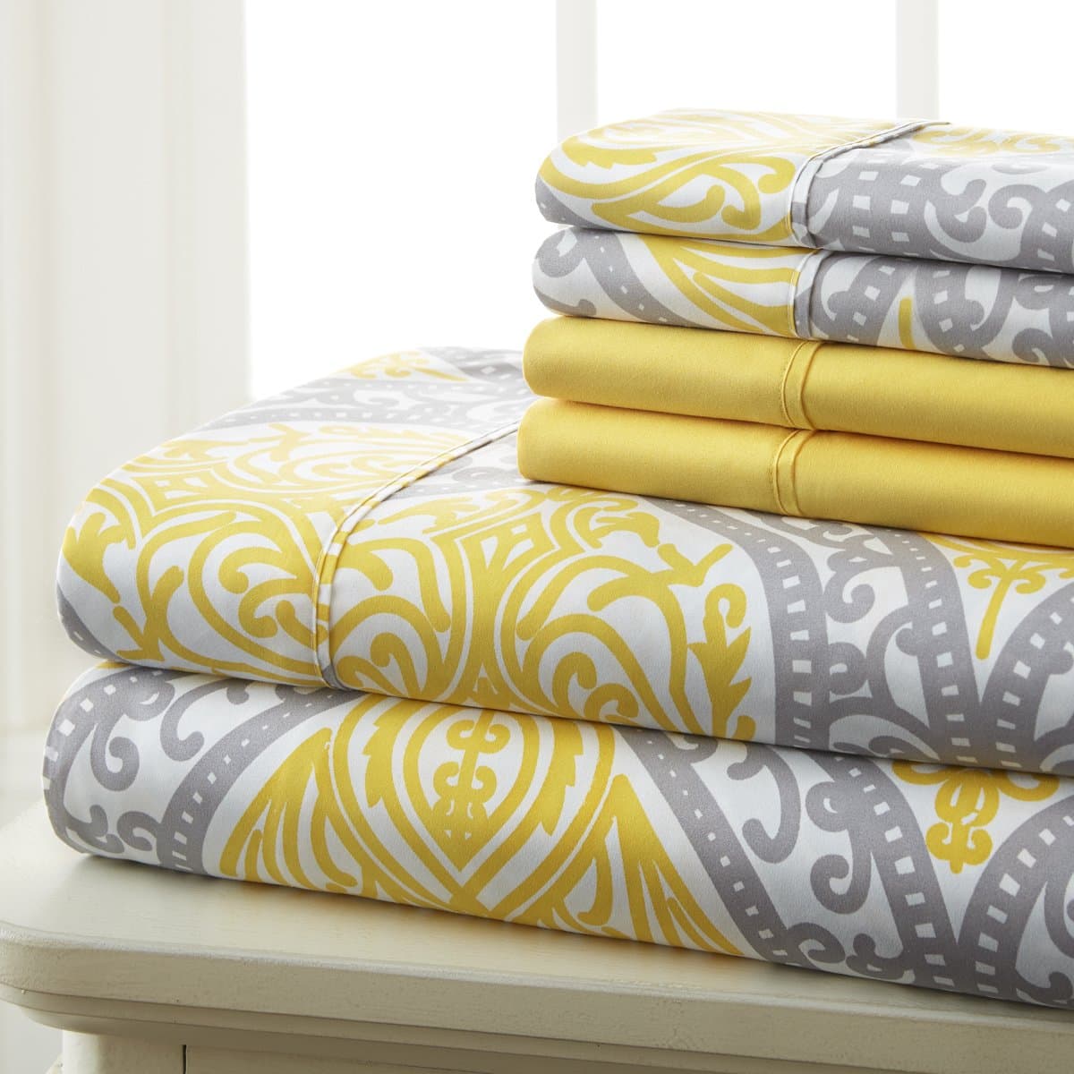 SL Spirit Linen Home EST. 1988 - King Sheets, Super Soft Prestige Microfiber Bedding Set, Lightweight Home Decor & Ideal for All Seasons, King, Grey/Yellow Medallion