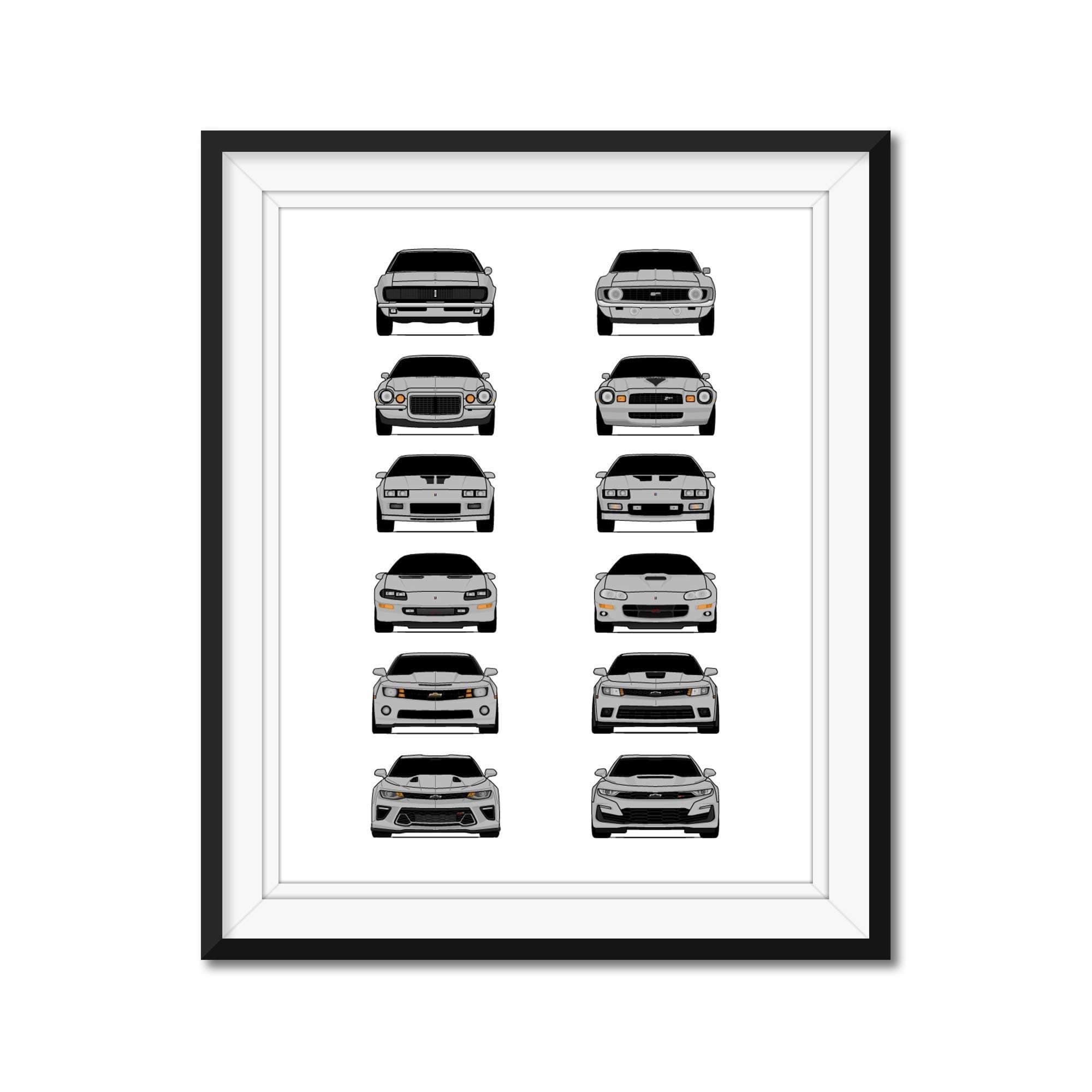 Chevy Camaro Generations (1967-Present) Inspired Poster Print Wall Art Handmade Decor of the History and Evolution of the Chevrolet Camaro