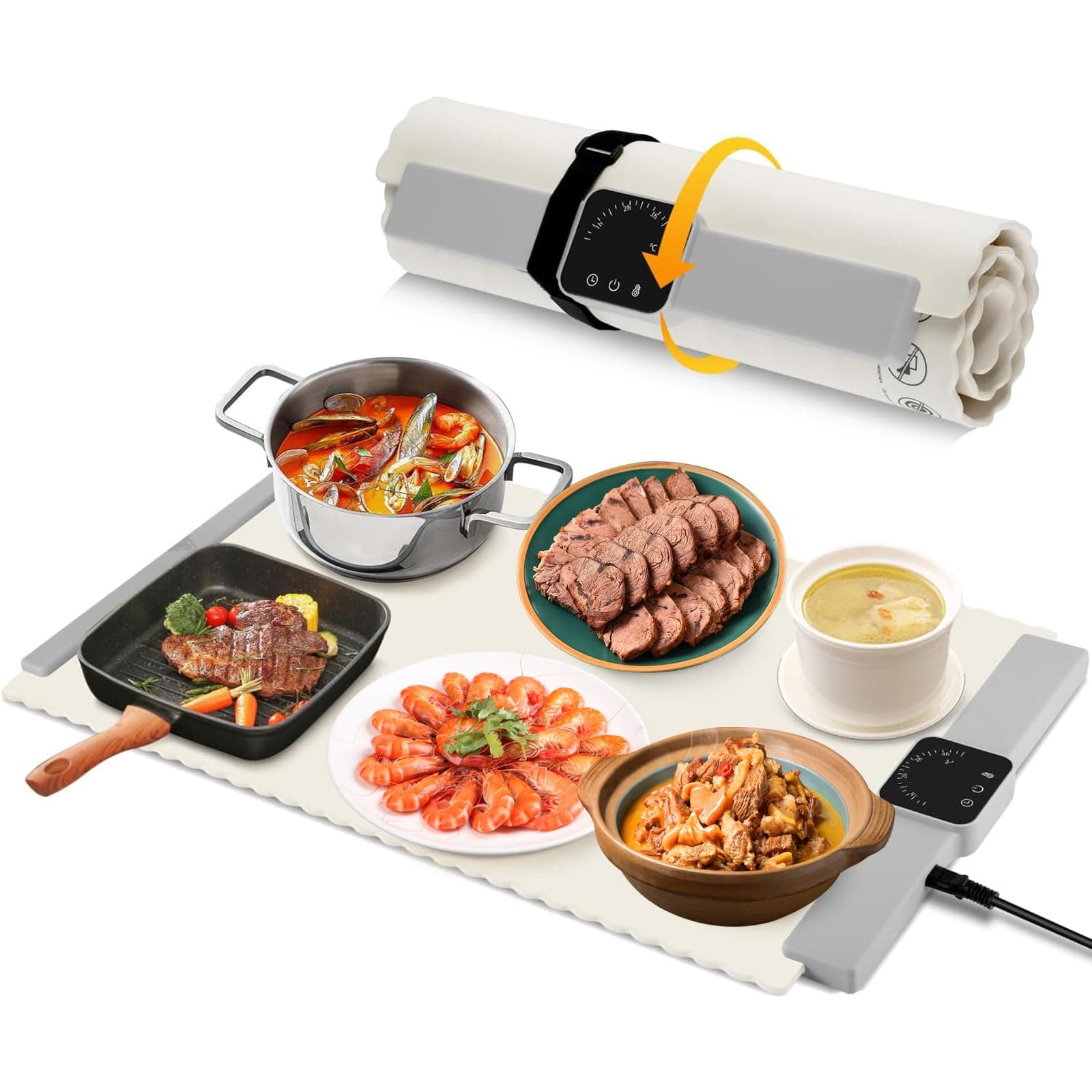 SPNOR Electric Warming Tray, Silicone Electric Warming Tray for Food, Foldable Roll up Food Warmer Plate with 5 Temperature Settings, Portable Fast Heating Mat for Parties, Buffets, Restaurants