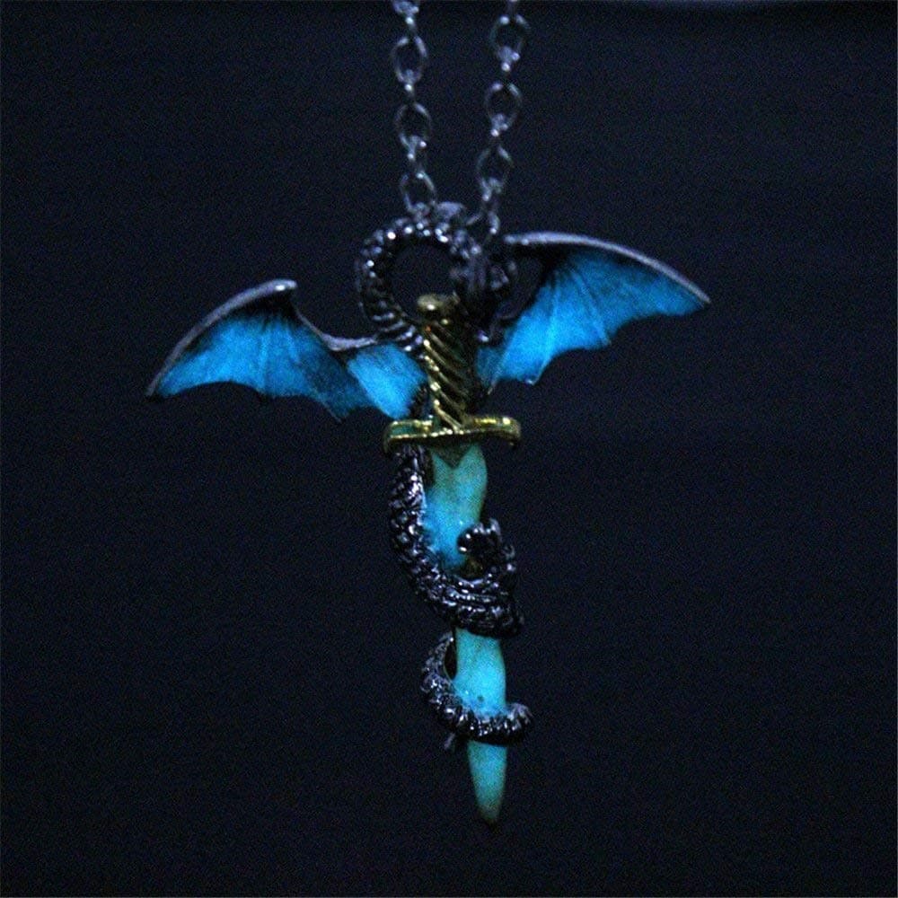 DUANMEINAD Glow in The Dark Dragon Sword Necklace Luminous Pendant Punk Titanium Steel Dragon Sword Wing Pendant Necklaces
