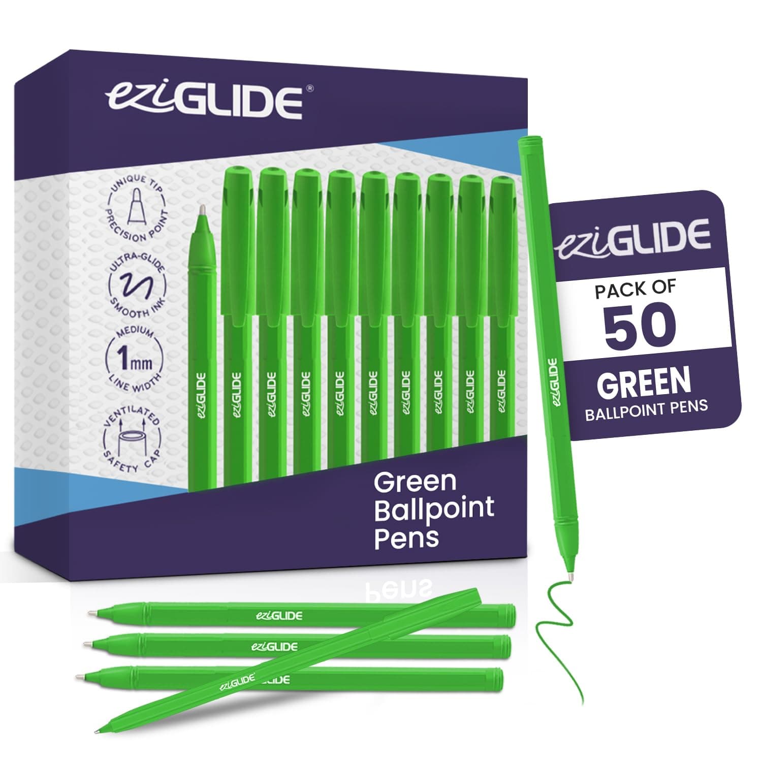 Ballpoint Pen Set, 50-Pack Green – Easy Grip & Medium Point (1.0mm) for Ultra-Smooth, Skip-Free Writing & Quick-Dry Ink – Ideal for Office, Work, Exam, School, Home & Stationery Use