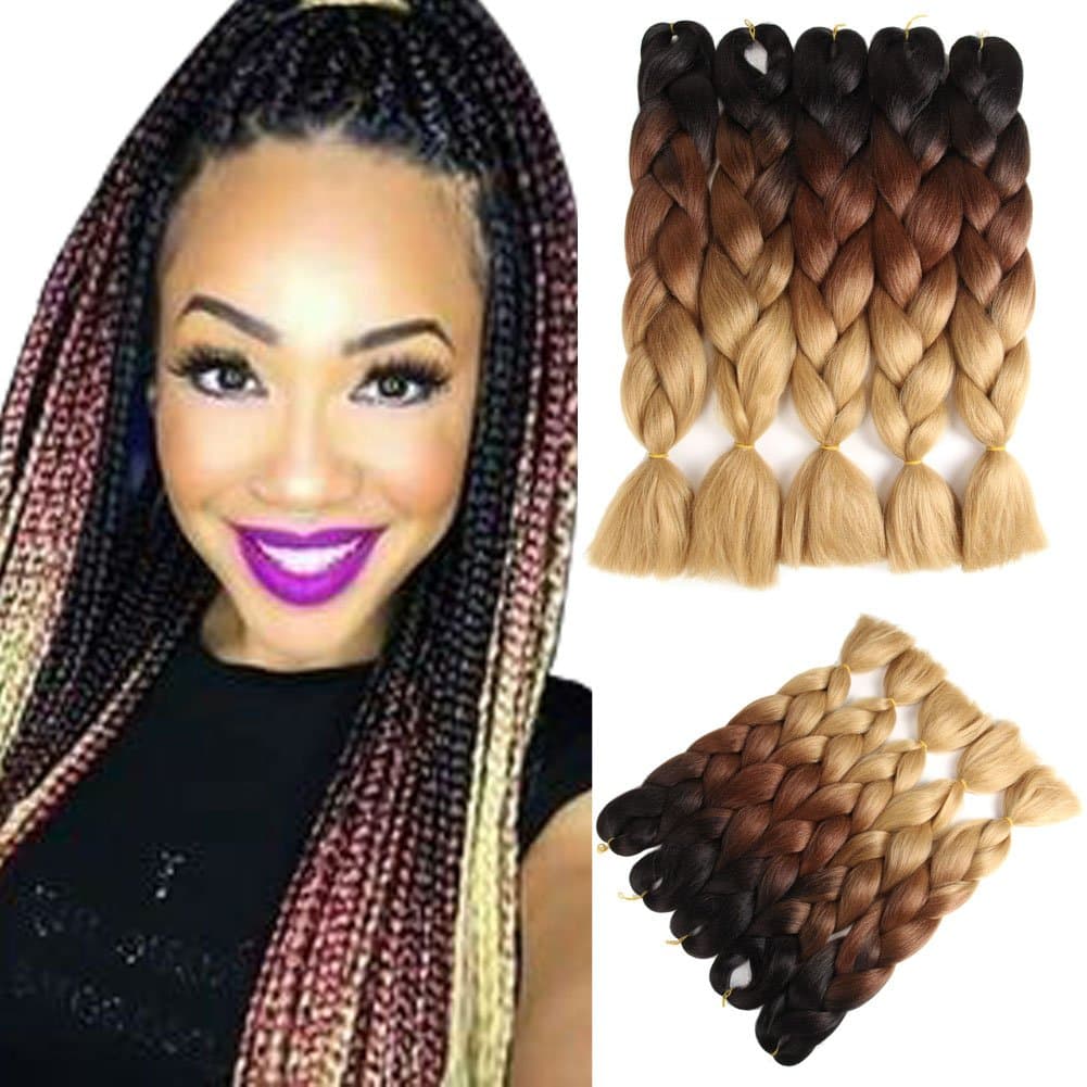 Two Tone Ombre Jumbo Braid Hair Extension 24 Inch 5Pcs/Package 100g/Pc Kanekalon Fiber For Twist Braiding Hair (24'' Black To Brown To Linen)