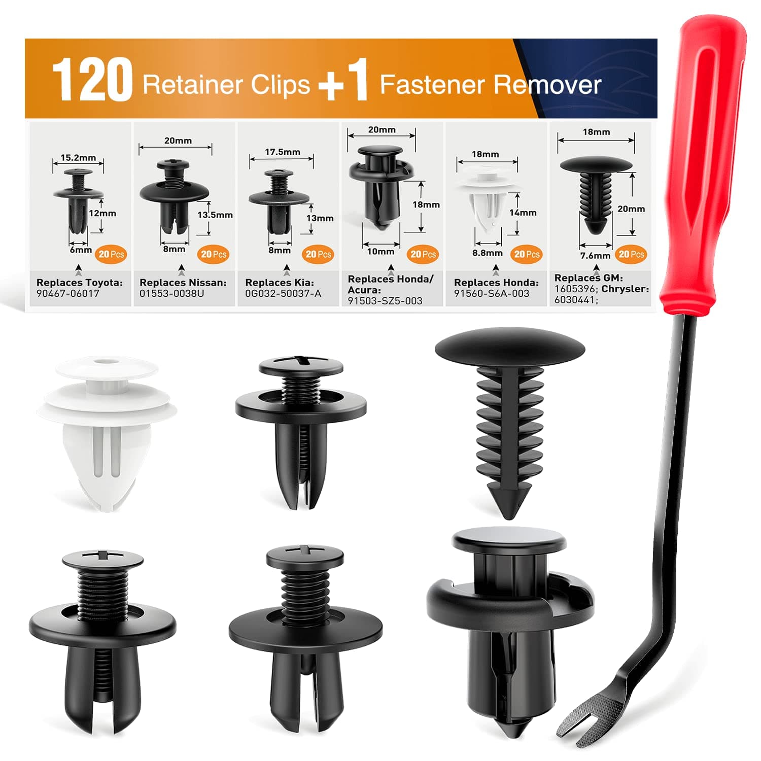 GOOACC 120PCS Car Bumper Push Retainer Clips & Nylon Fasteners Rivet Kit 6mm 7.6mm 8mm 8.8mm 10mm Door Trim Panel Clips, 1PC Fastener Remover, Black