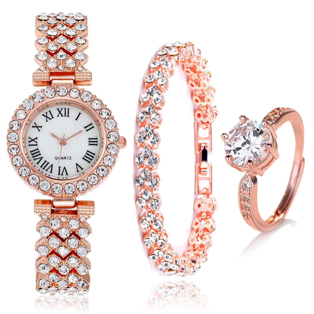 BenmiukoWomen Watch Fashion Ladies Quartz Diamond Wristwatch Elegant Ring Female Bracelet Watches 3pcs Set