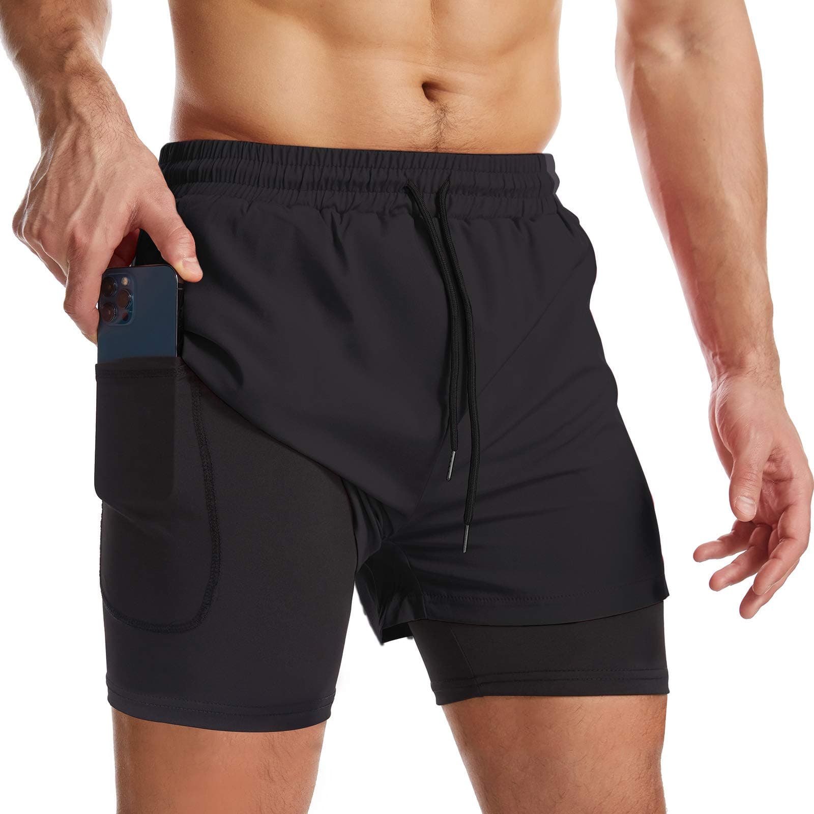 SurenowMens 2 in 1 Running Shorts Quick Dry Athletic Shorts with Liner, Workout Shorts with Zip Pockets and Towel Loop