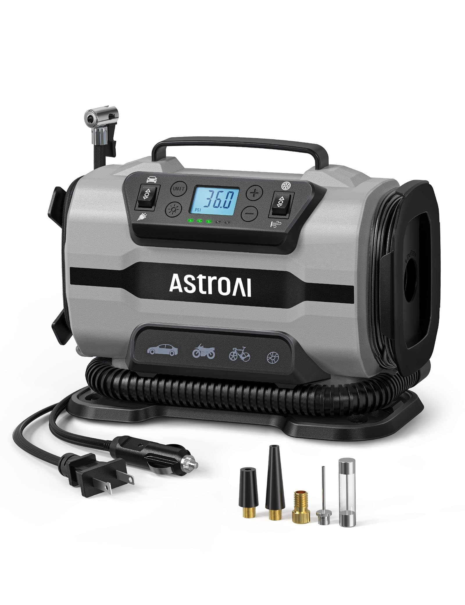 AstroAI Tire Inflator Portable Air Compressor for Car Tire Pump 150PSI 12V DC/110V AC with Dual Metal Motors &LED Light,Automotive Car Accessories&Two mode for car, bicycle tires and air mattresses.