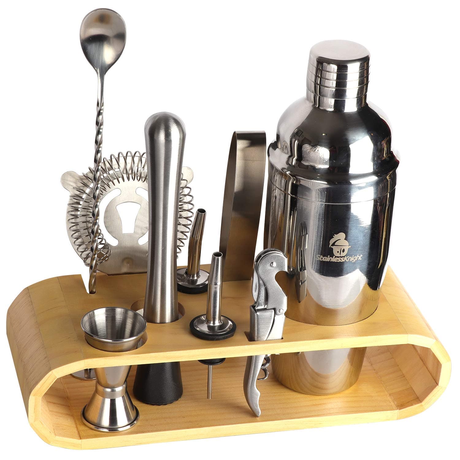 Stainless Knight Stainless Steel Cocktail Shaker Drink Maker | Includes Stirring Spoon, Measuring Jigger, Ice Tongs, Hand Mixer, Bottle Opener, Hawthorne Strainer, Stand,| Portable Bartend