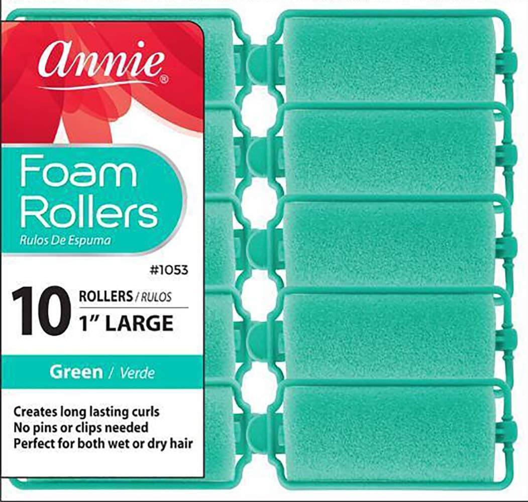 Annie Foam Hair Rollers Large 1 Inch, 10 Count Green Soft Sponge Curlers for Heatless Curls & Waves, No Pins or Clips Needed, For Wet or Dry Hair, Comfortable Overnight Set