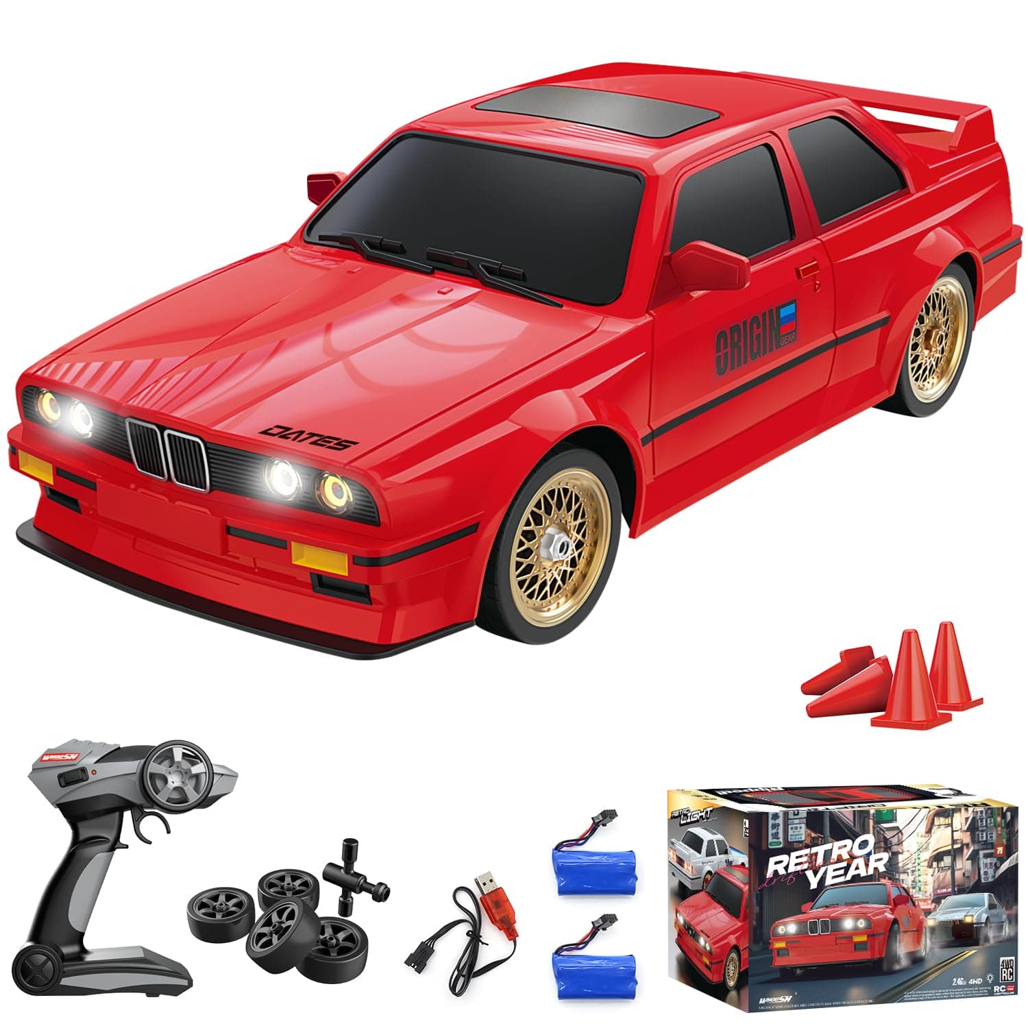 RC Drift Car for Kids Adults 1:16 Scale 2.4Ghz 4WD High Speed RTR Racing Car 30KM/H with Led Lights Remote Control Vehicle Sport Toy Gifts for Girls Boys, Two Batteries and Drift Tire Included