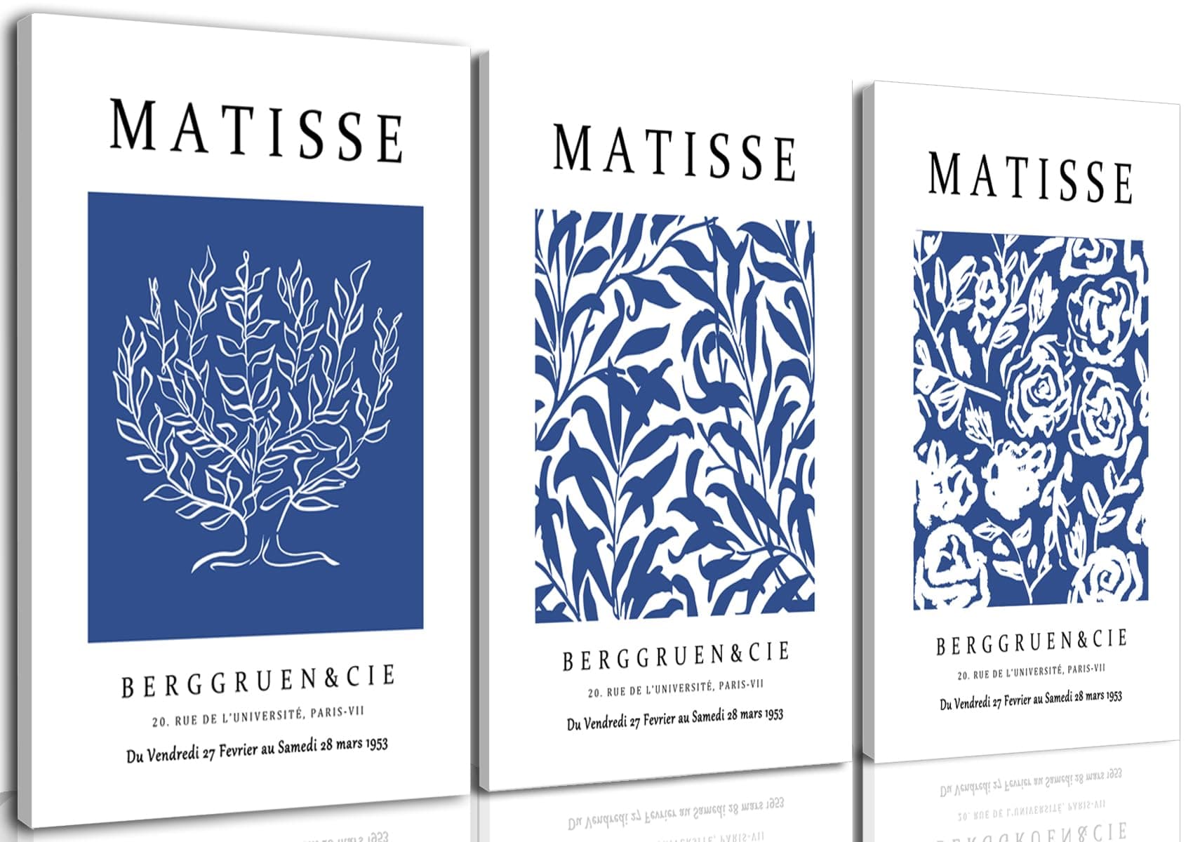 Marllifenney Blue Matisse Wall Art Framed Set of 3 Abstract Navy Blue Posters Minimalist Flower Market Canvas Prints Modern Aesthetic Decor Artwork Painting Picture for Living Room Bedroom 16x24in