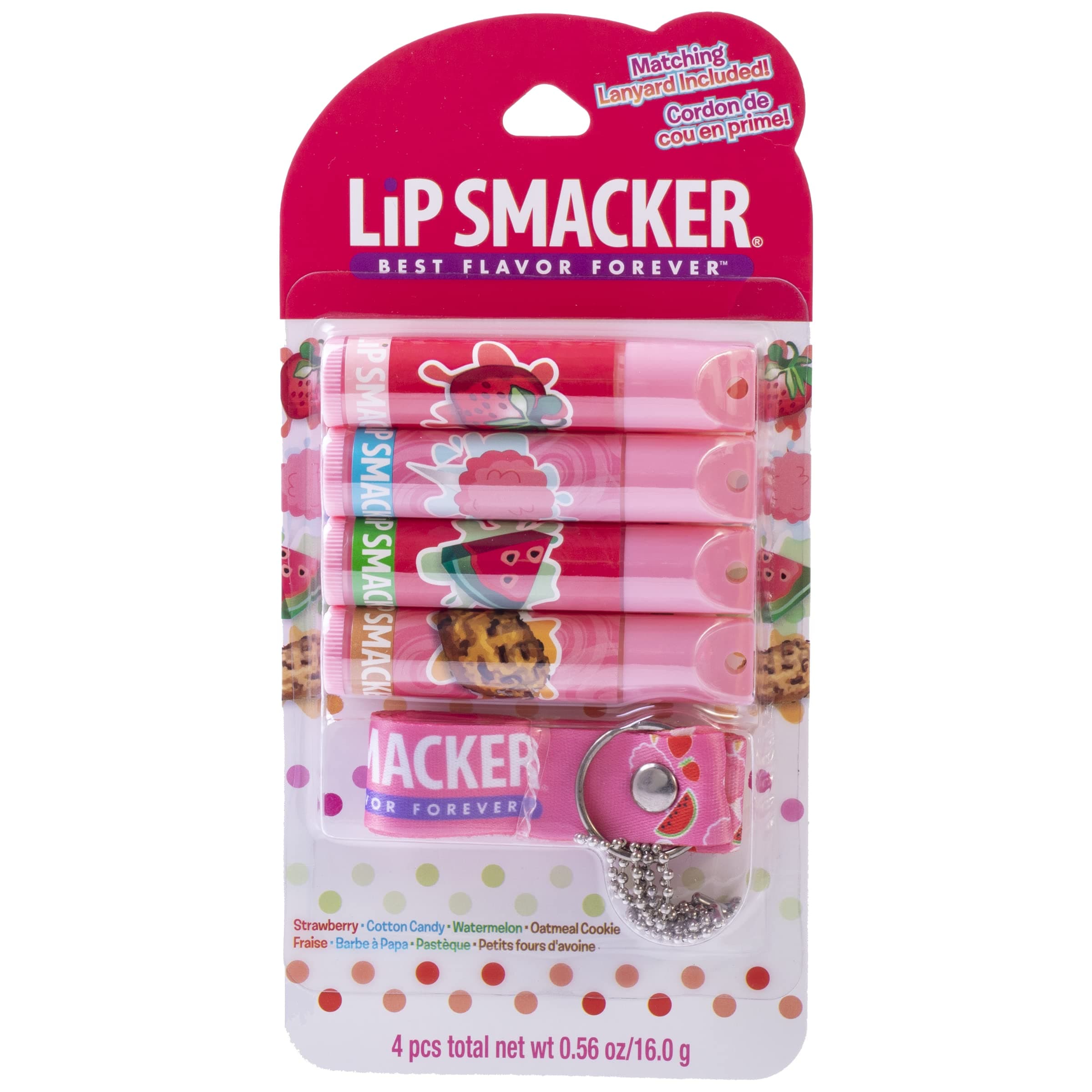 Flavored Lip Balm & Pink Lanyard Set | Strawberry, Cotton Candy, Watermelon, Oatmeal Cookie Flavors | For Kids | Stocking Stuffer | Christmas Gift | Set of 4