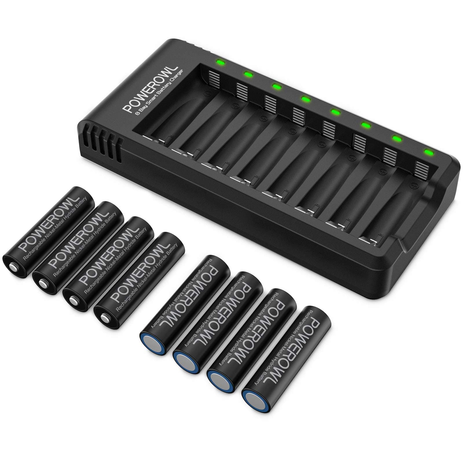 Rechargeable AA Batteries, 8 Pack of 2800mAh High Capacity Low Self Discharge Ni-MH Double A Batteries with Smart 8 Bay Battery Charger (USB Fast Charging, Independent Slot)