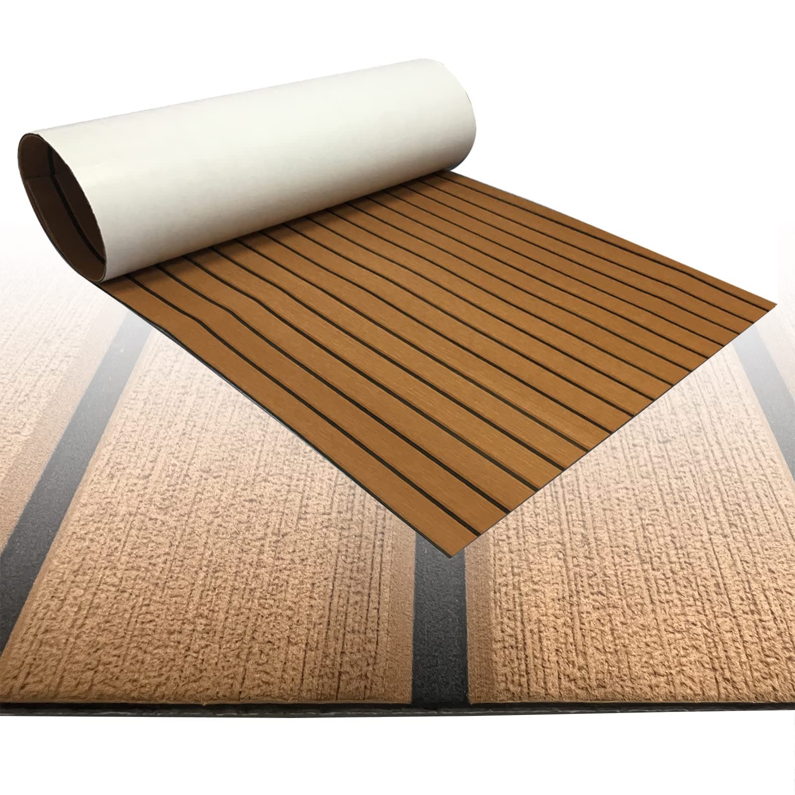 Boat Flooring Mat EVA Foam Faux Teak Sea Decking Marine Carpet Boat Decking Mat Non-Slip Self-Adhesive Flooring Material for Boats 94x35 inch