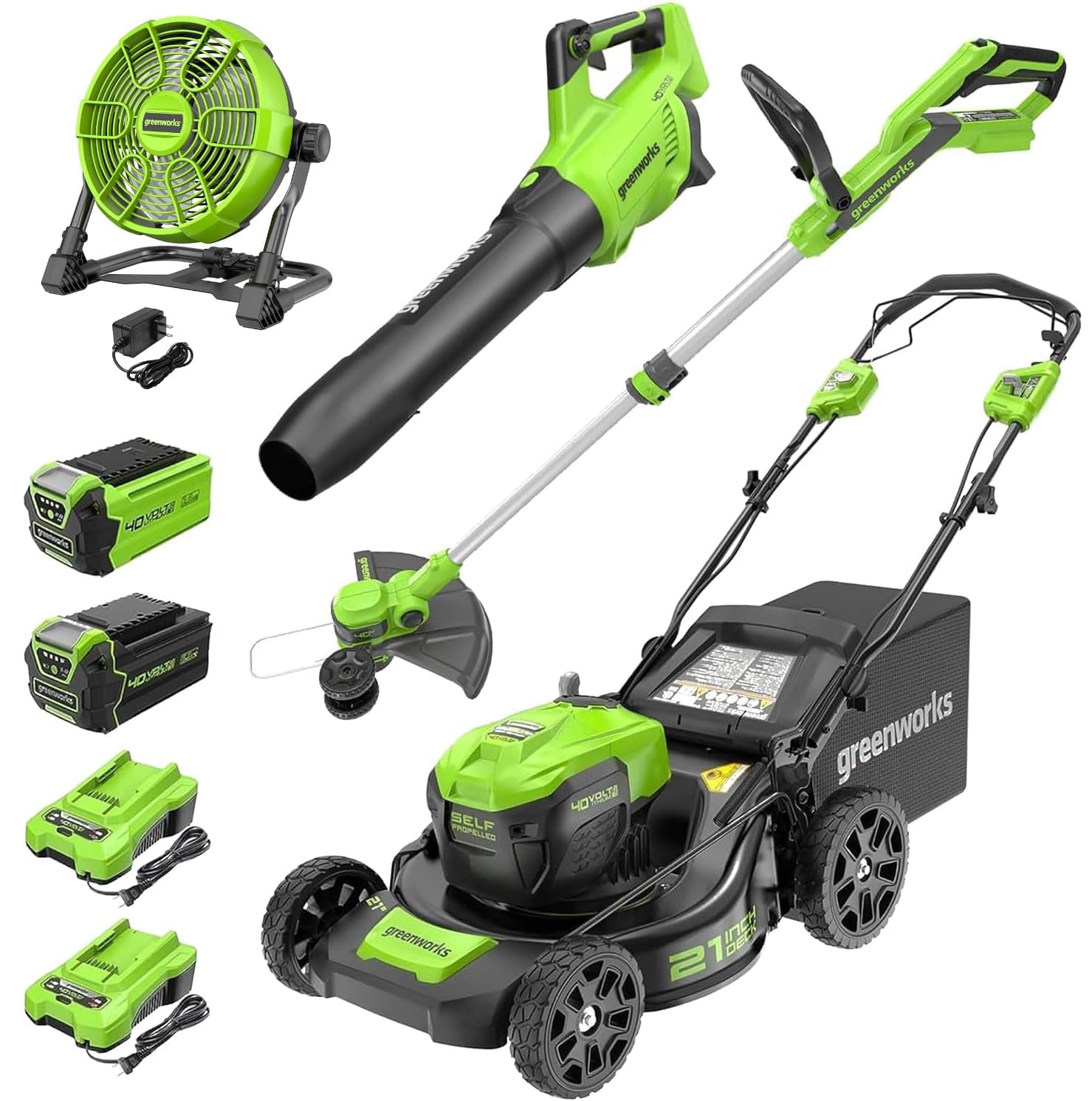 Greenworks 40V 21" Self-Propelled Lawn Mower,Axial Leaf Blower(500 CFM / 120 MPH),13" String Trimmer, 10" Tablet Fan (AC/DC), Includes 2 Batteries(5Ah+2Ah) & Chargers