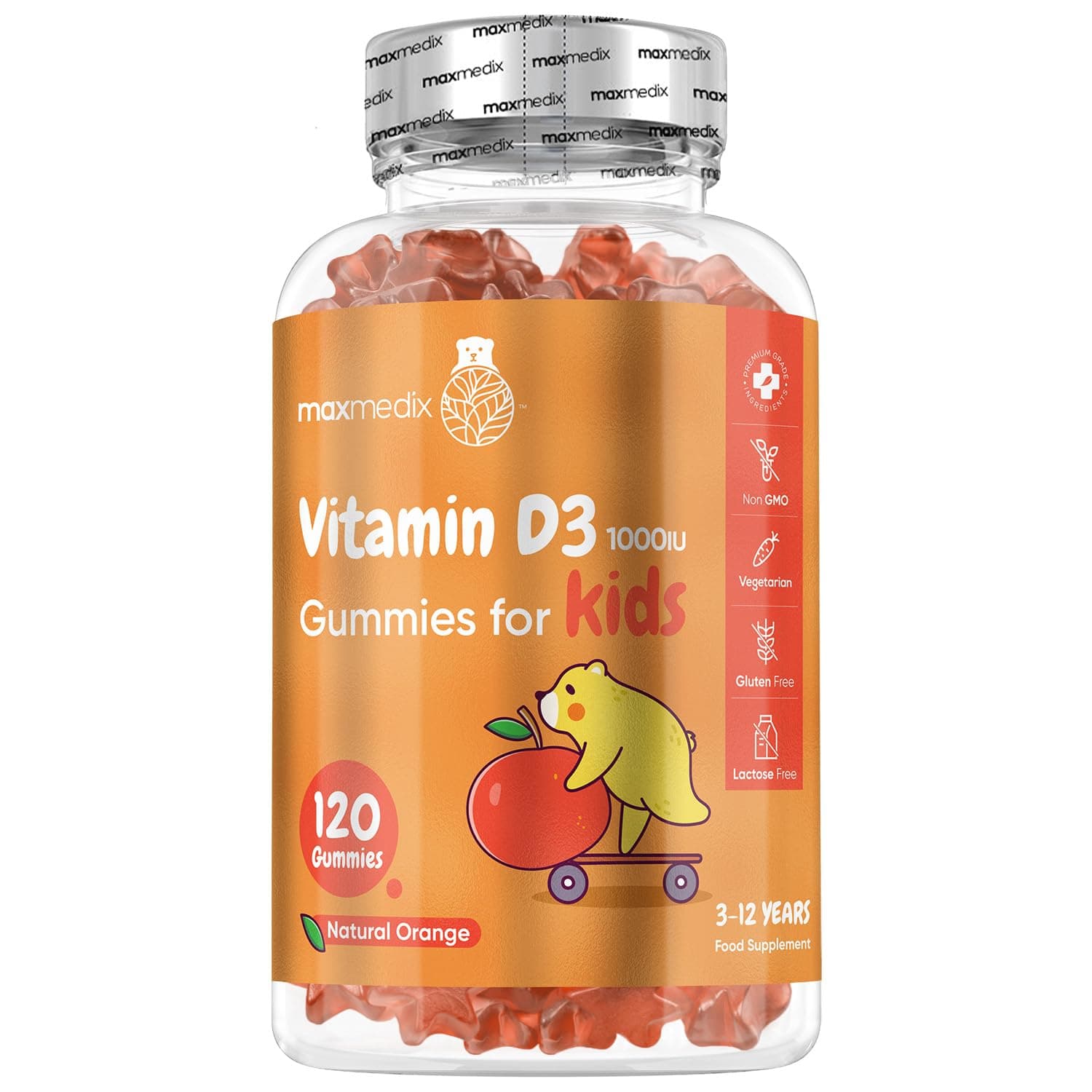 Vitamin D for Kids 1000IU | 120 Tasty Gummies | 4 Months Supply | Natural Orange Flavour | 1 per Day | Vegetarian-Friendly, Non-GMO & Gluten-Free | Easy to Chew | Kids Vitamin D Gummies for 3-12 Years
