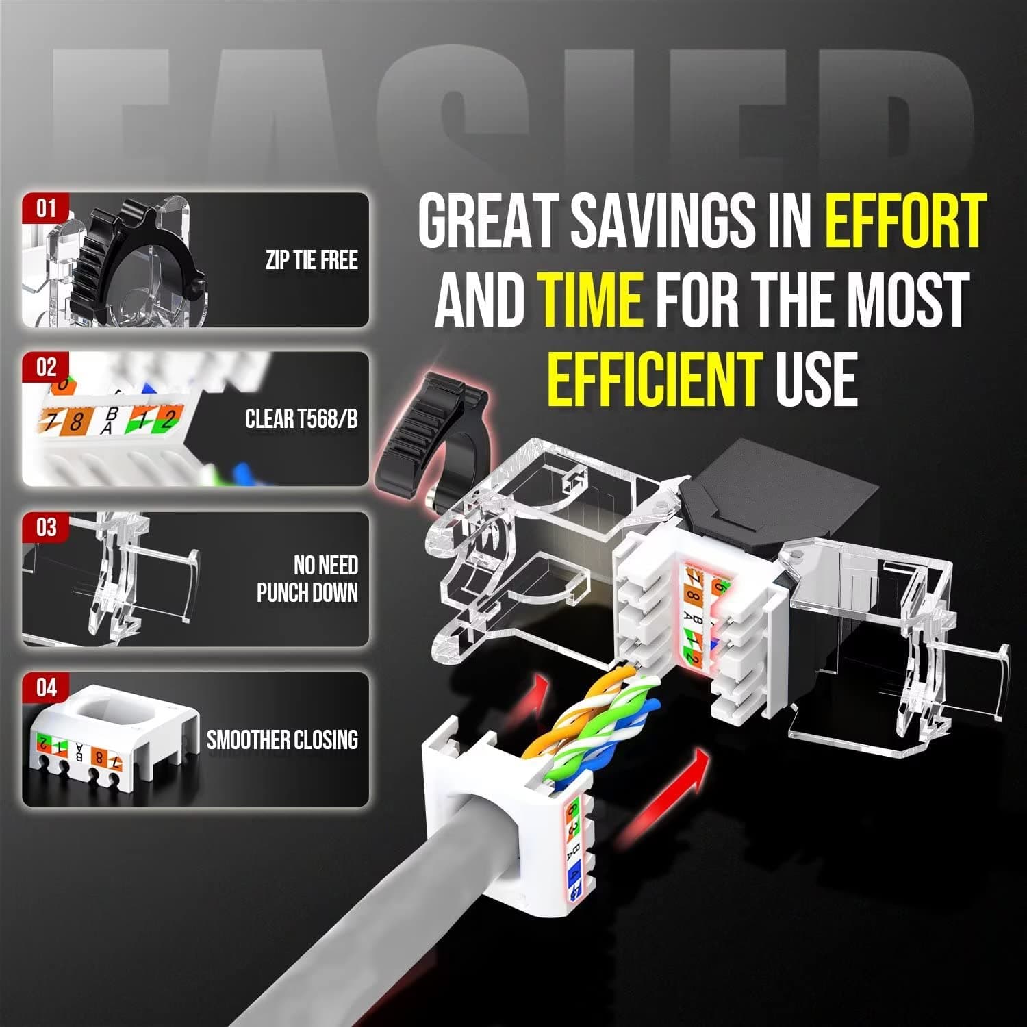 AMPCOM CAT6A UTP RJ45 Keystone Jack 50u Gold Plating Reusable Ethernet Wall Jack with Adjustable Ratchet Lock (No Tool and Zip Tie Required) - Black (12-Pack)