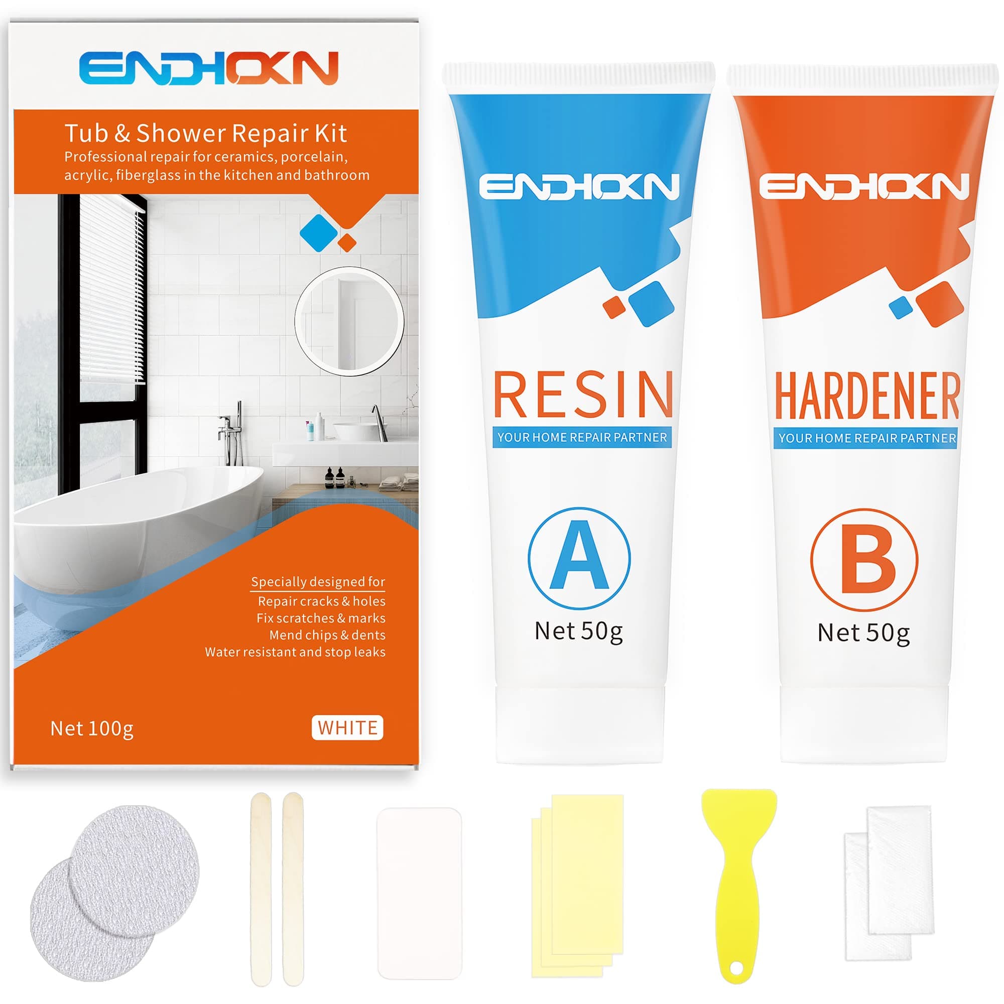 Endhokn Bath Repair Kit White, Enamel, Porcelain, Acrylic, Fiberglass, Ceramic Sink Repair Kit, Tub Tile Ceramic Toilet Shower Kit & Tray & Chip & Pedestal Crack Hole Scratches Repair