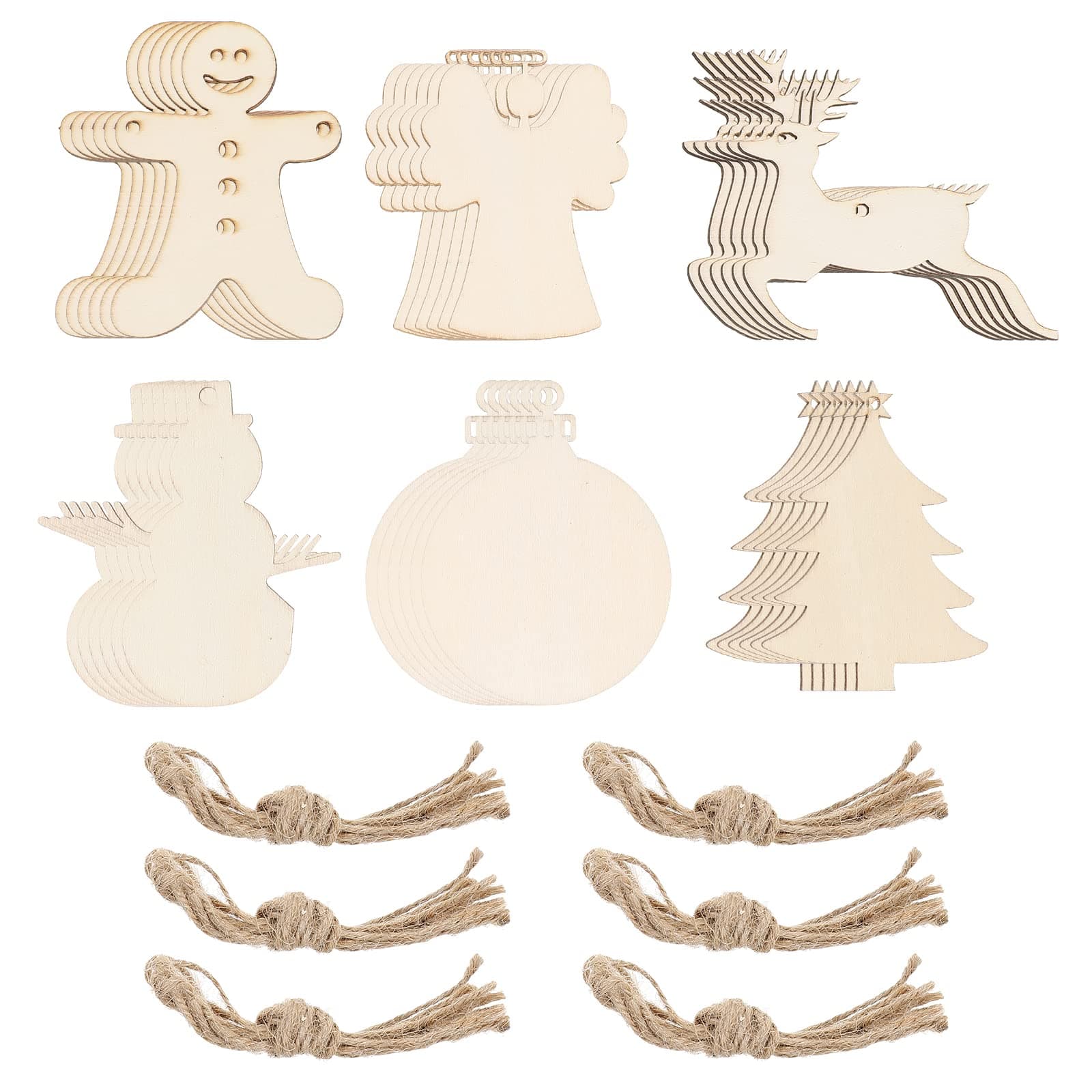 30pcs Christmas Wooden Slices Chips Shaped Embellishments Hanging Decorations Wood Crafts DIY Accessories Small Pendants for Christmas Tree Decorative Ornaments (Angel/Deer/Ball/Child/Snowman/Tree)