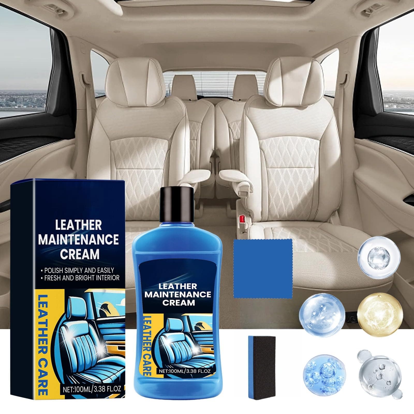 Leather Maintenance Cream, 100ml - Automotive Leather Care Cream for Seats & Sofas, Effective Cleaning, Stain Removal, Restoration, Includes Towel & Sponge, Ideal for Cars, Trucks, Furniture