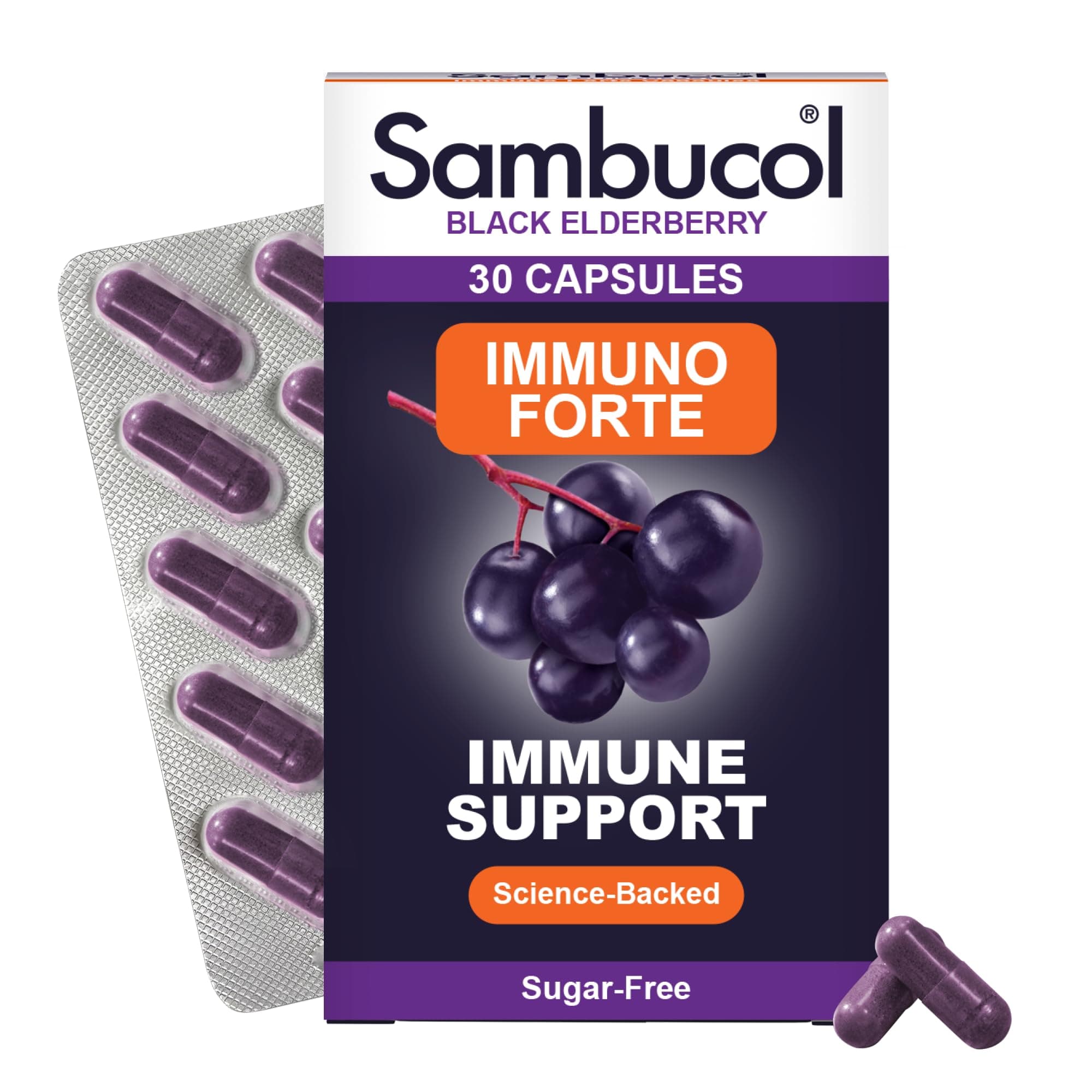 Sambucol Natural Black Elderberry Immuno Forte: Boost Your Immune System with Vitamin C, Zinc & Antioxidants, 30 Capsules for Optimal Health & Flu Defense