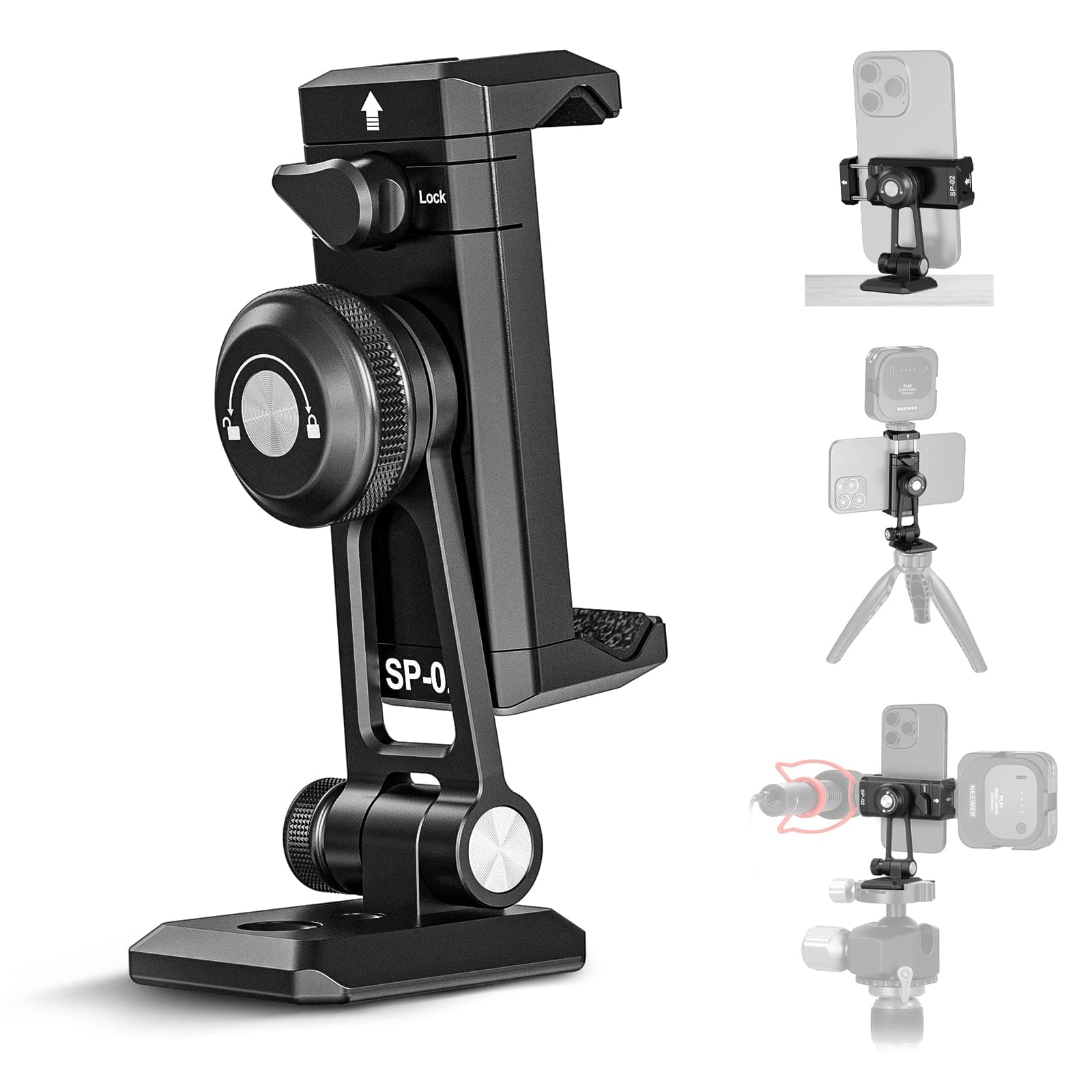 Metal Phone Tripod Mount Adapter with Arca QR Base, Cold Shoe, 360° Swivel 180° Tilt, Phone Holder Compatible with iPhone 15 Pro Max Galaxy S24