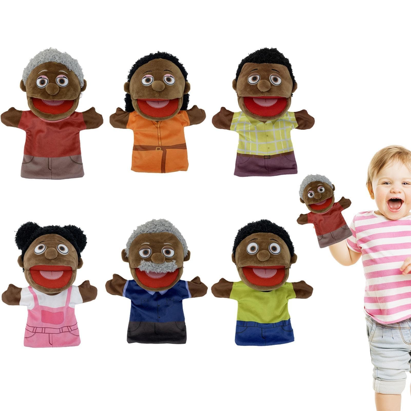 Hand Puppet Set - Black School Home Puppet - School Home, Family Members, 28cm Black Hand Puppets for Girl and Boy, Kids Multicultural Puppets with Movable Mouth for Storytelling, Role