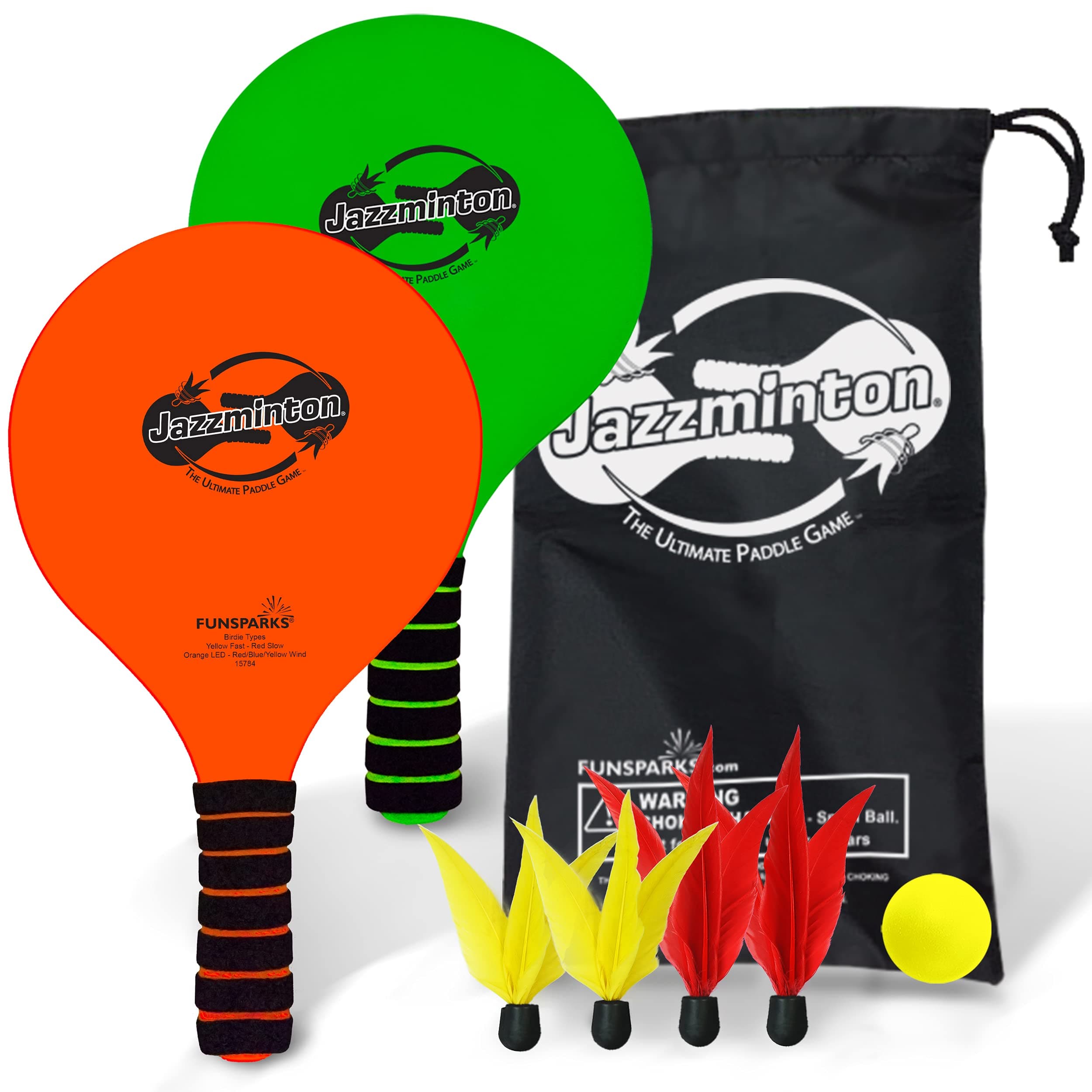 Funsparks Jazzminton Paddle Ball Game with Carry Bag Indoor Outdoor Toy Play on the Beach, Lawn, Backyard, 2 Wooden Rackets, 4 Shuttlecocks and 1 Ball