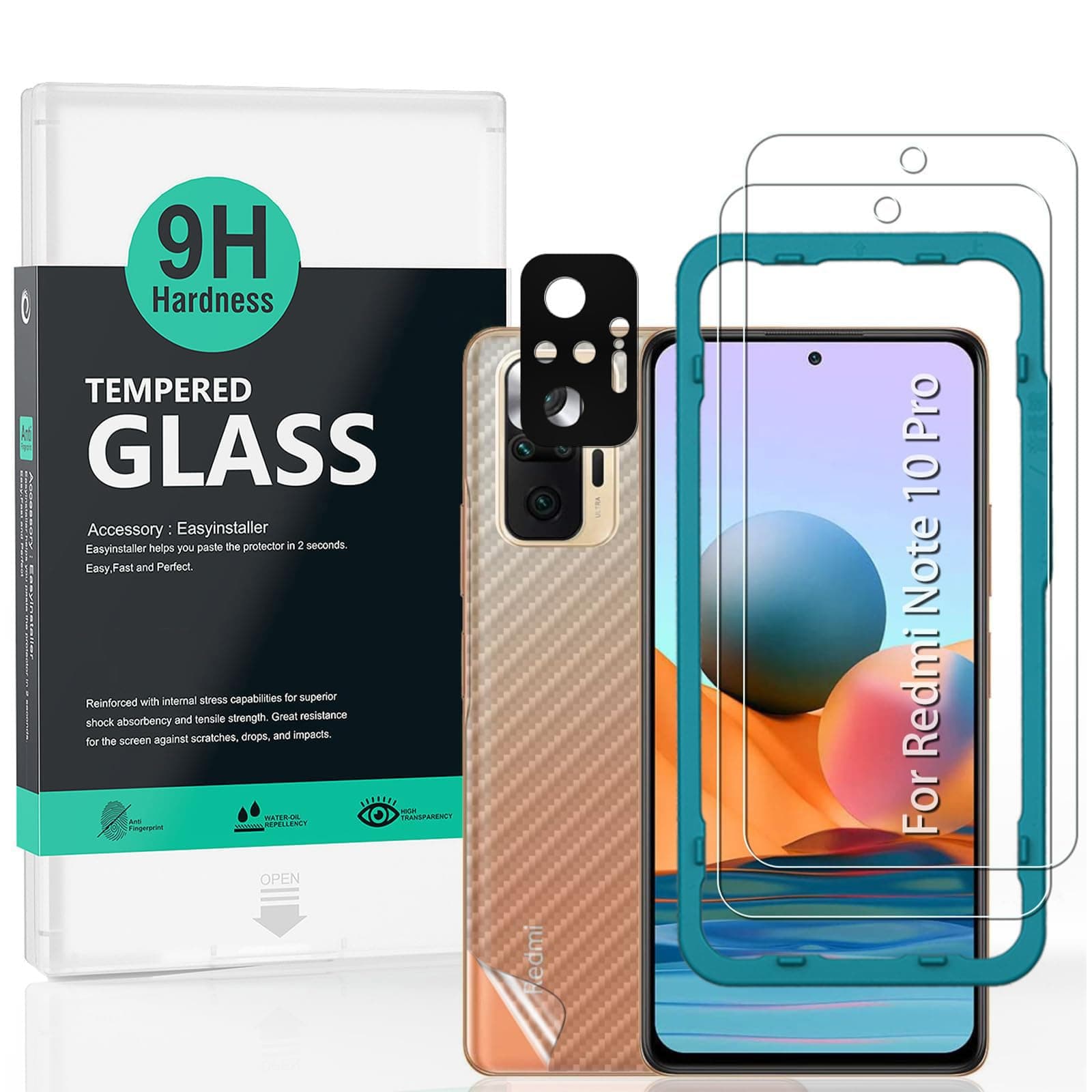 IBYWIND [Pack of 2] Screen Protector for Redmi NOTE 10 PRO 4G 6.67",with Metal Camera Lens Protector,Back Carbon Fiber Skin Protector,Including Easy Install Kit