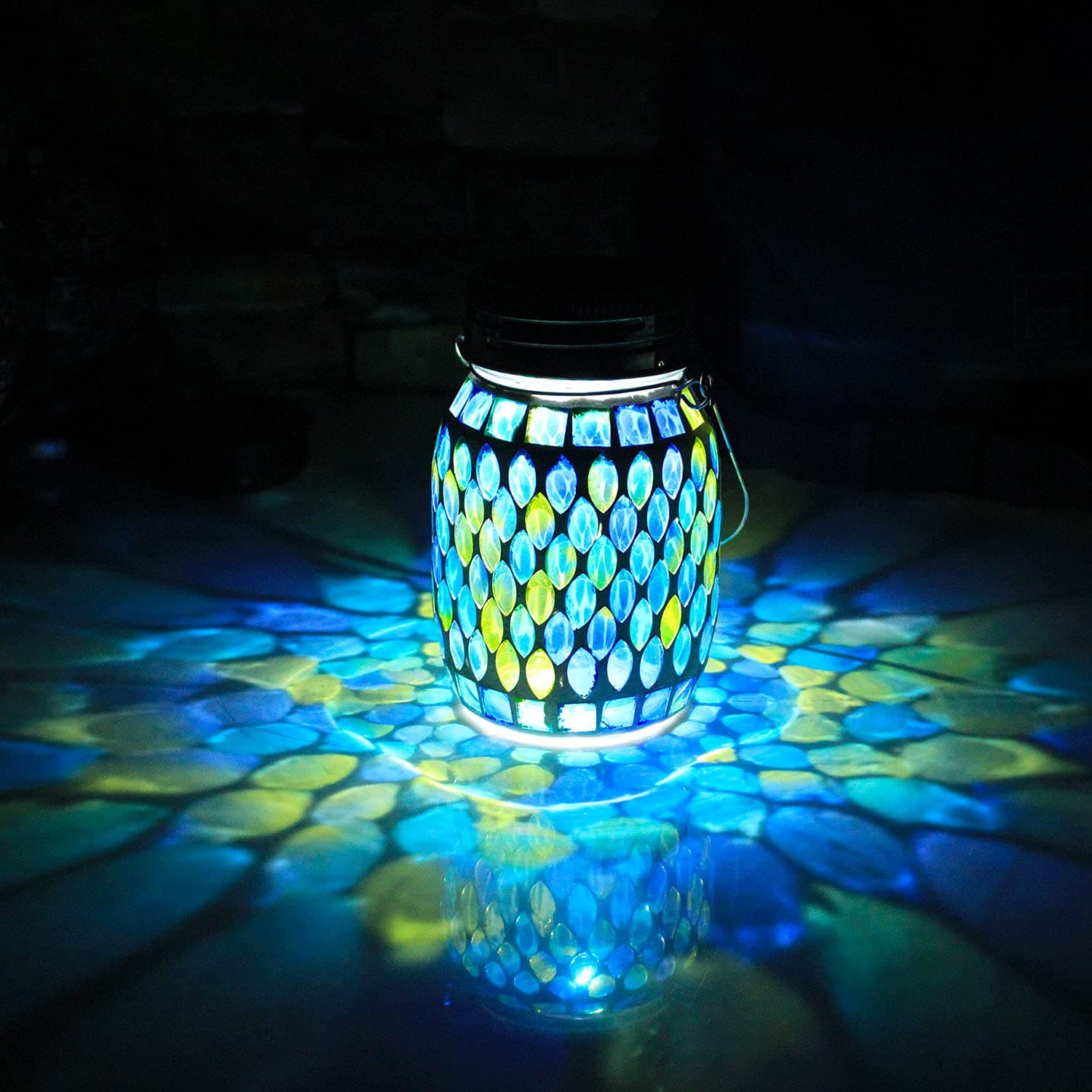GUANFU Mosaic Solar Lanterns Outdoor Hanging Lights, Solar Table Lamps & Cool Blue Color Mosaic Glass Lights, Outdoor Waterproof Solar Night Lights, Garden,Patio,Pathway & Yard Décor