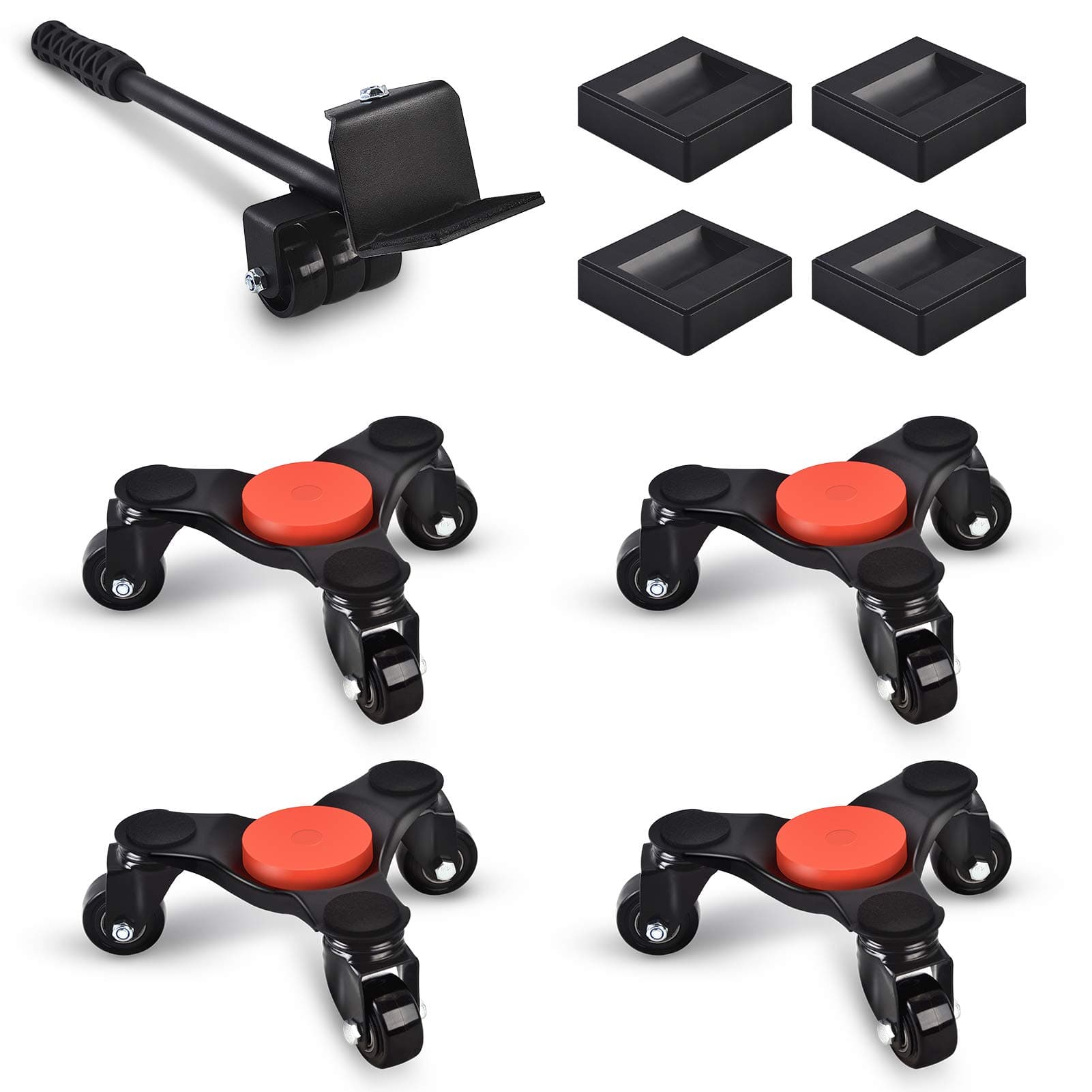 Ronlap Furniture Moving Dolly Mover Sliders with 3 Wheels Steel Moving Rollers for Heavy Furniture 6-Inch Triangular Wheel Kit with Lifter 4 Pack Pool Table Move Easily Tools 500Lbs, Black