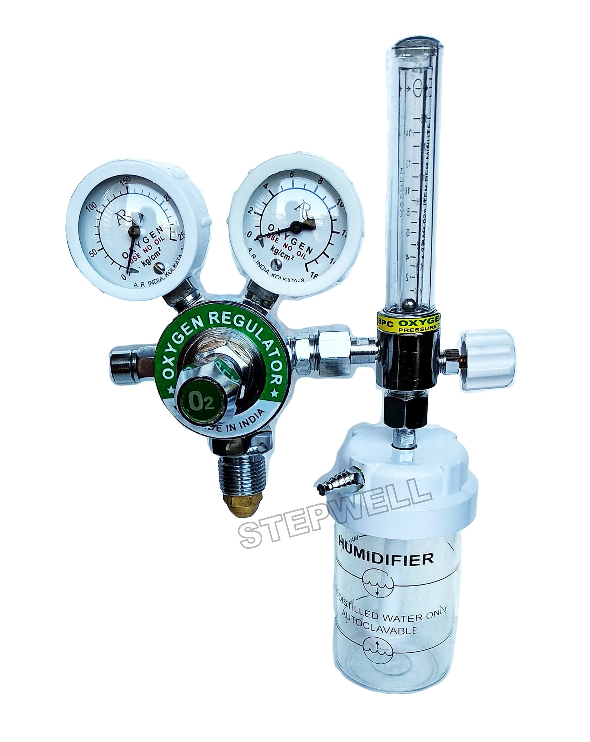 STEPWELL Double Gauge Single Stage Medical Oxygen (O2) Gas Regulator (MOX Regulator) with BPC Flow Meter for hospitals, clinics & home use