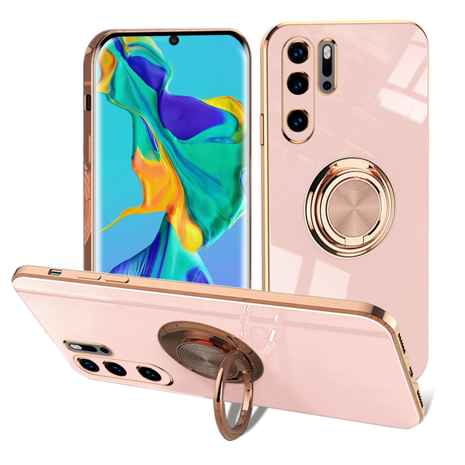EYZUTAKElectroplated Magnetic Ring Holder Case for Huawei P30 Pro, 360 Degree with Rotation Metal Finger Ring Holder Magnet Car Holder Soft Silicone Shockproof Cover - Light Pink