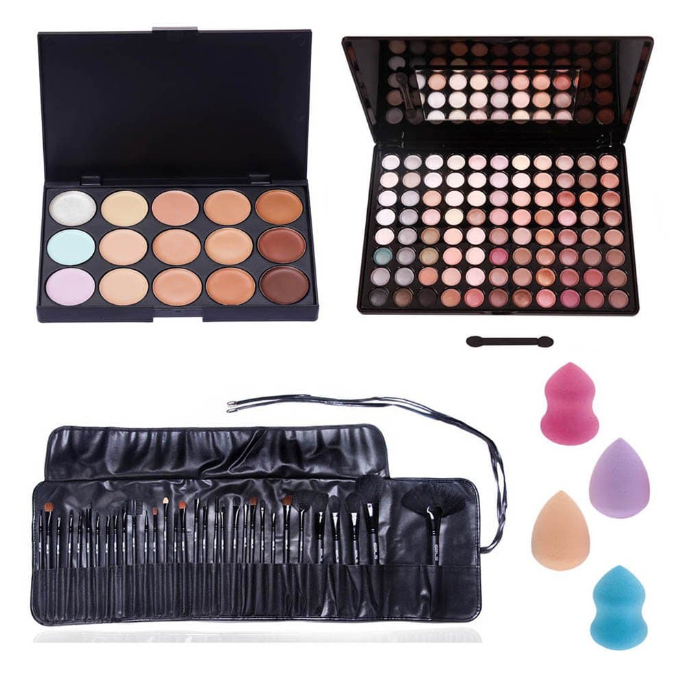 VAGA Professional Make Up Artists Set With Palettes of 15 Concealers Shades Tones, 88 Colors Eyeshadows / Eyes Shadows In Hard Cases, 32pcs Brushes And 4 Different Latex Free Sponges Applicators Blenders