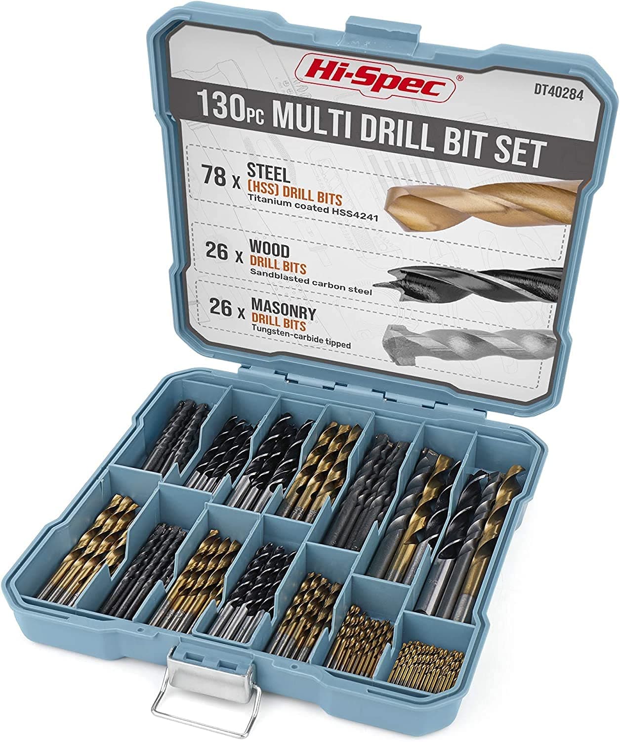 Drill Bit Set 130pc Multi SAE – 11 Sizes 1/16in to 3/8in – HSS Titanium, Masonry & Brad Point Steel Bits – Metal Drill Bits for Metal, Wood, Plastic, Drywall, Brick & Concrete – With Tray Case